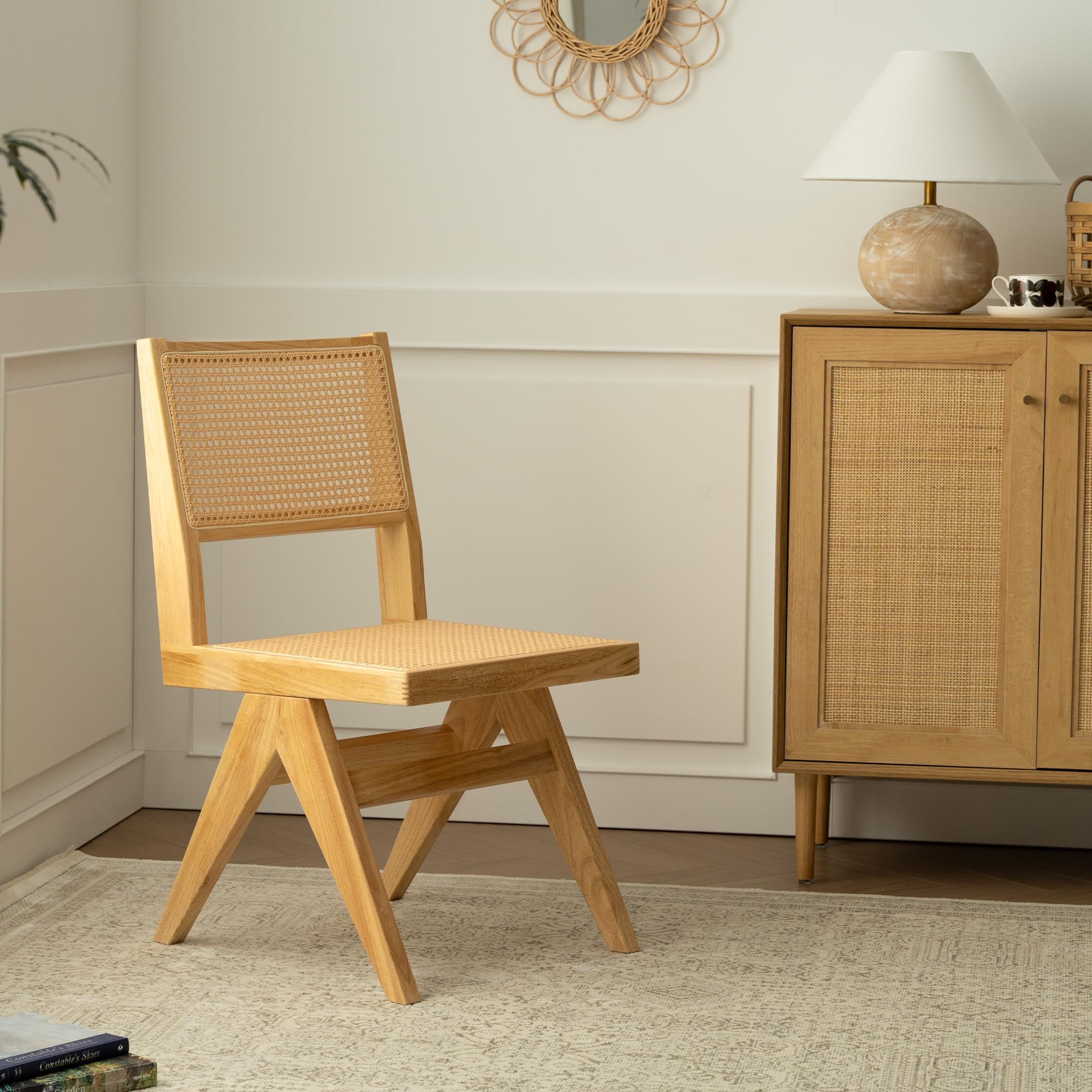 Set of 4 Boho Rattan Dining Chairs - Natural Oak Armless Woven Side Chairs