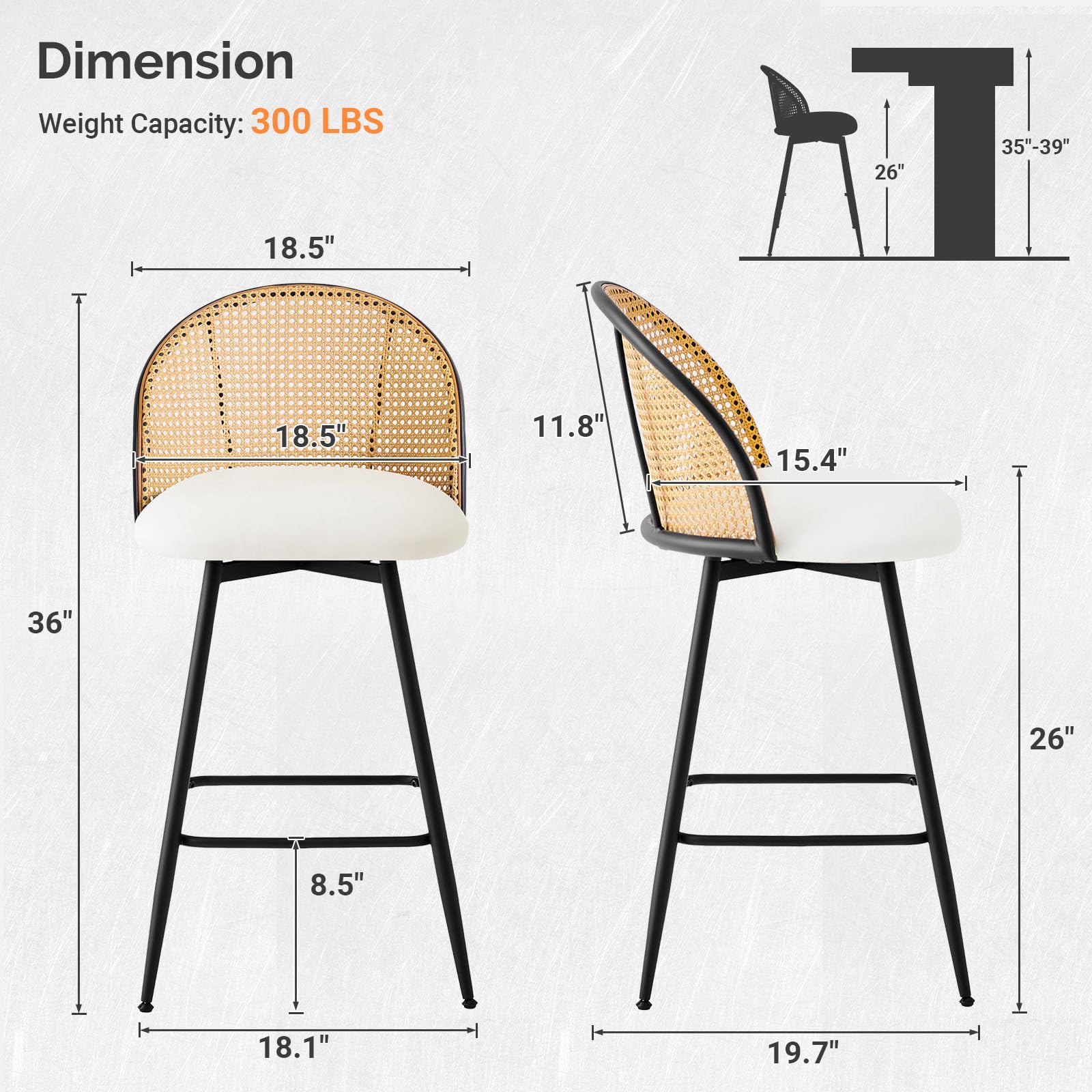 Set of 4 Mid-Century Swivel Counter Height Bar Stools with Rattan Full Back & Metal Legs, 360° Rotation, PU Leather 26" Modern Kitchen Island Chairs, Off-White