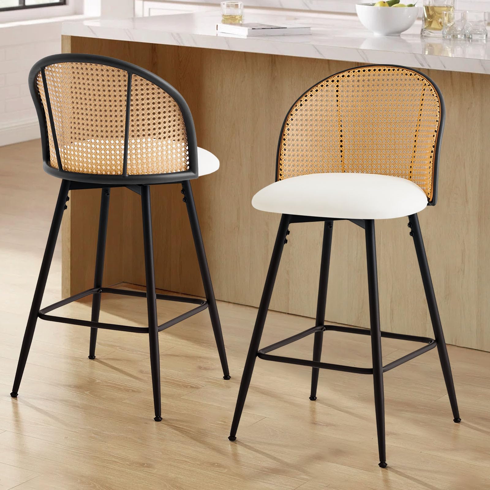 Set of 4 Mid-Century Swivel Counter Height Bar Stools with Rattan Full Back & Metal Legs, 360° Rotation, PU Leather 26" Modern Kitchen Island Chairs, Off-White