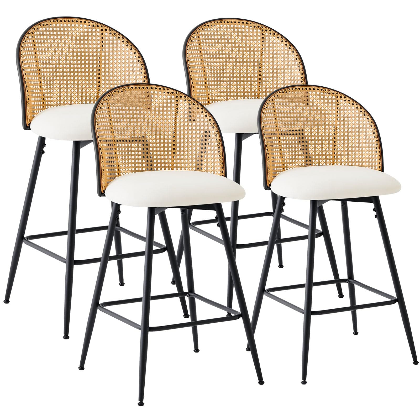 Set of 4 Mid-Century Swivel Counter Height Bar Stools with Rattan Full Back & Metal Legs, 360° Rotation, PU Leather 26" Modern Kitchen Island Chairs, Off-White