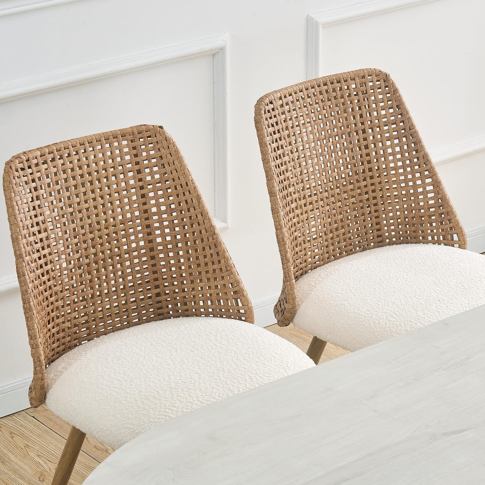 Set of 4 Woven Rattan Dining Chairs with Boucle Fabric Seats and Metal Legs