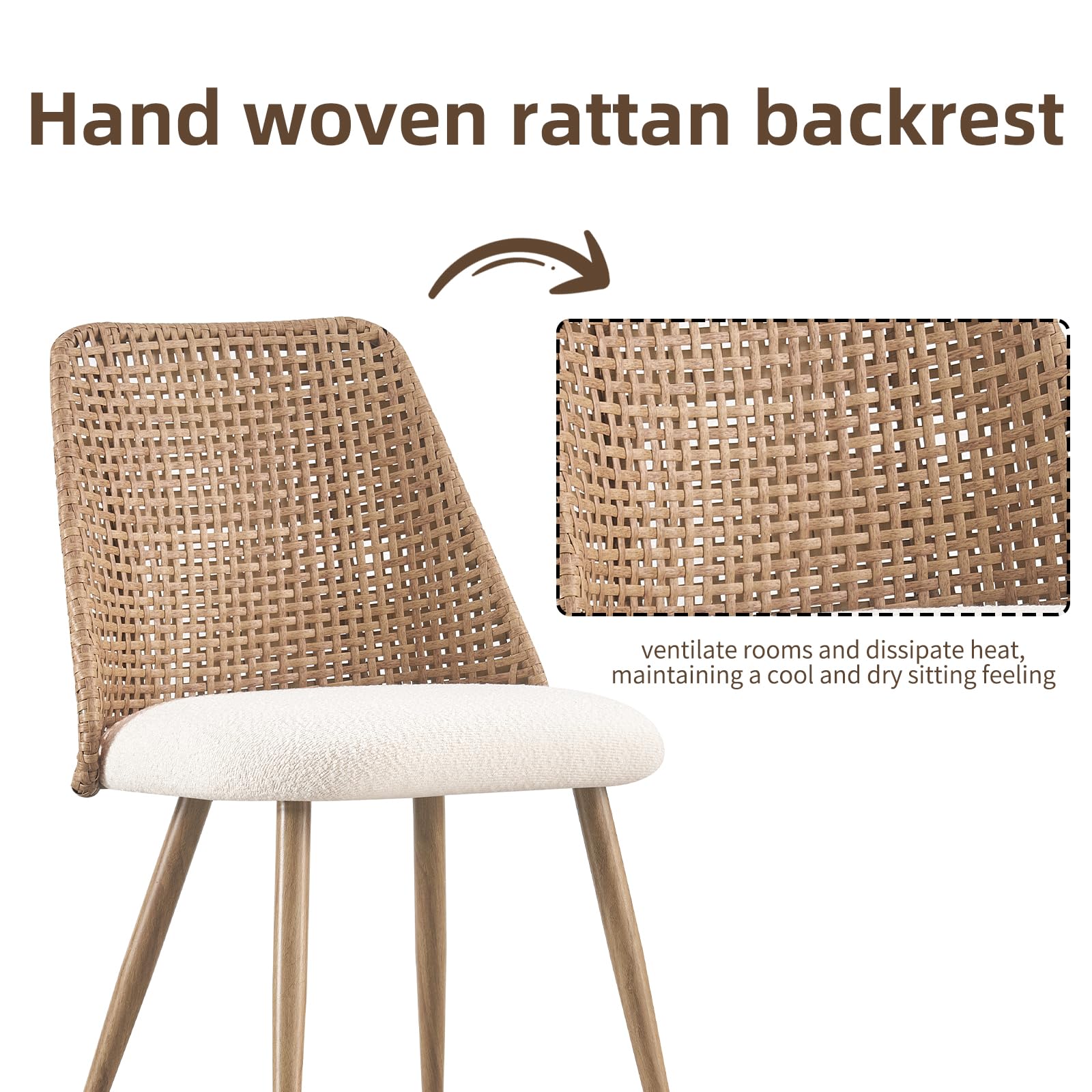 Set of 4 Woven Rattan Dining Chairs with Boucle Fabric Seats and Metal Legs