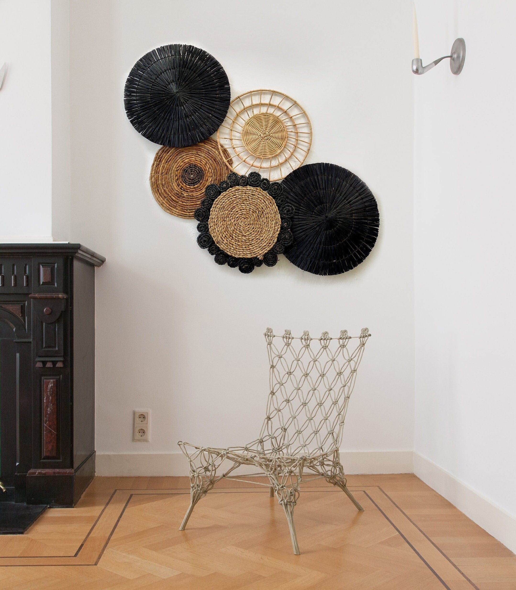 Set of 5 Boho Black Wall Baskets with Fringe – Natural Wall Decor