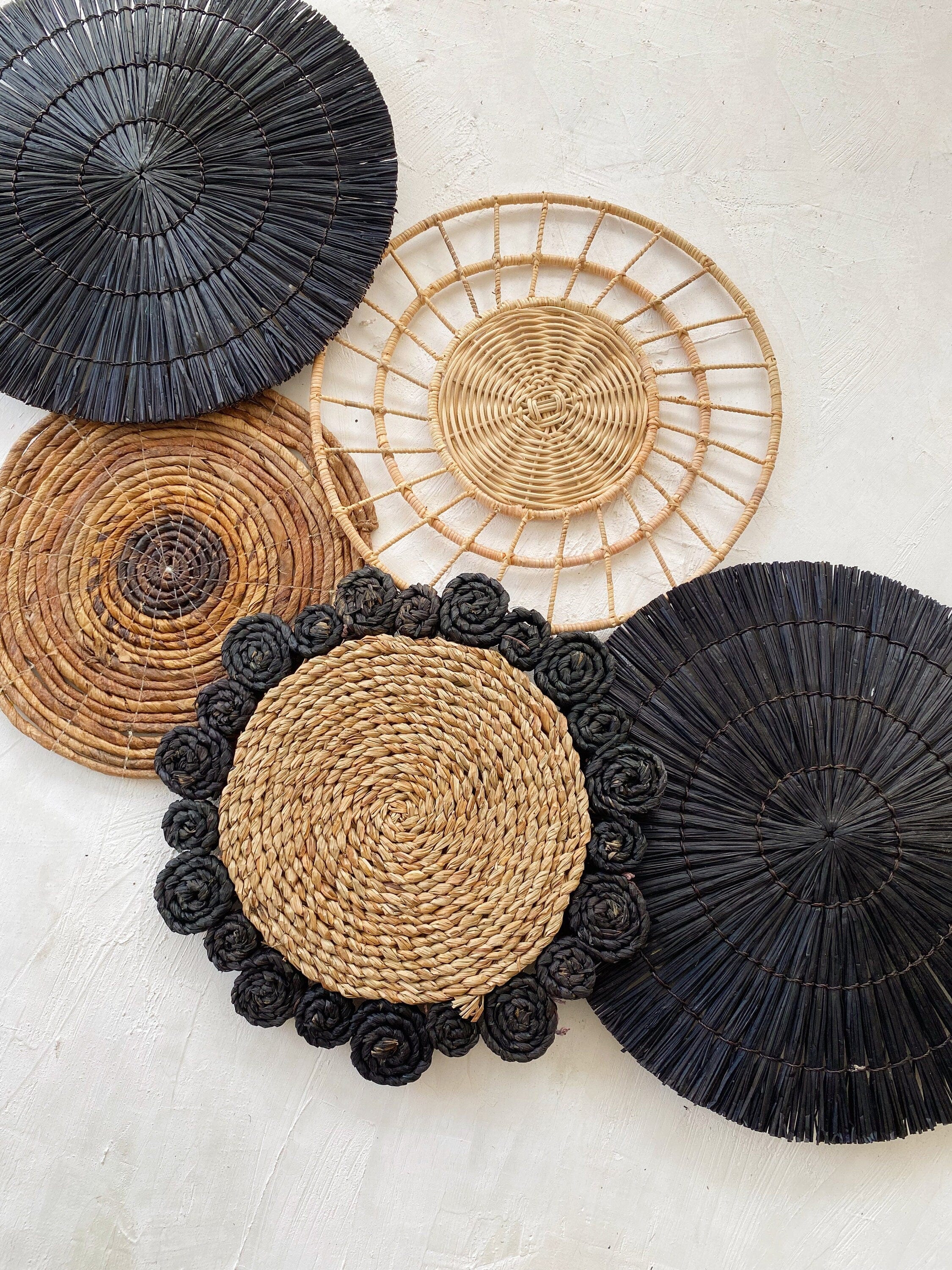 Set of 5 Boho Black Wall Baskets with Fringe – Natural Wall Decor