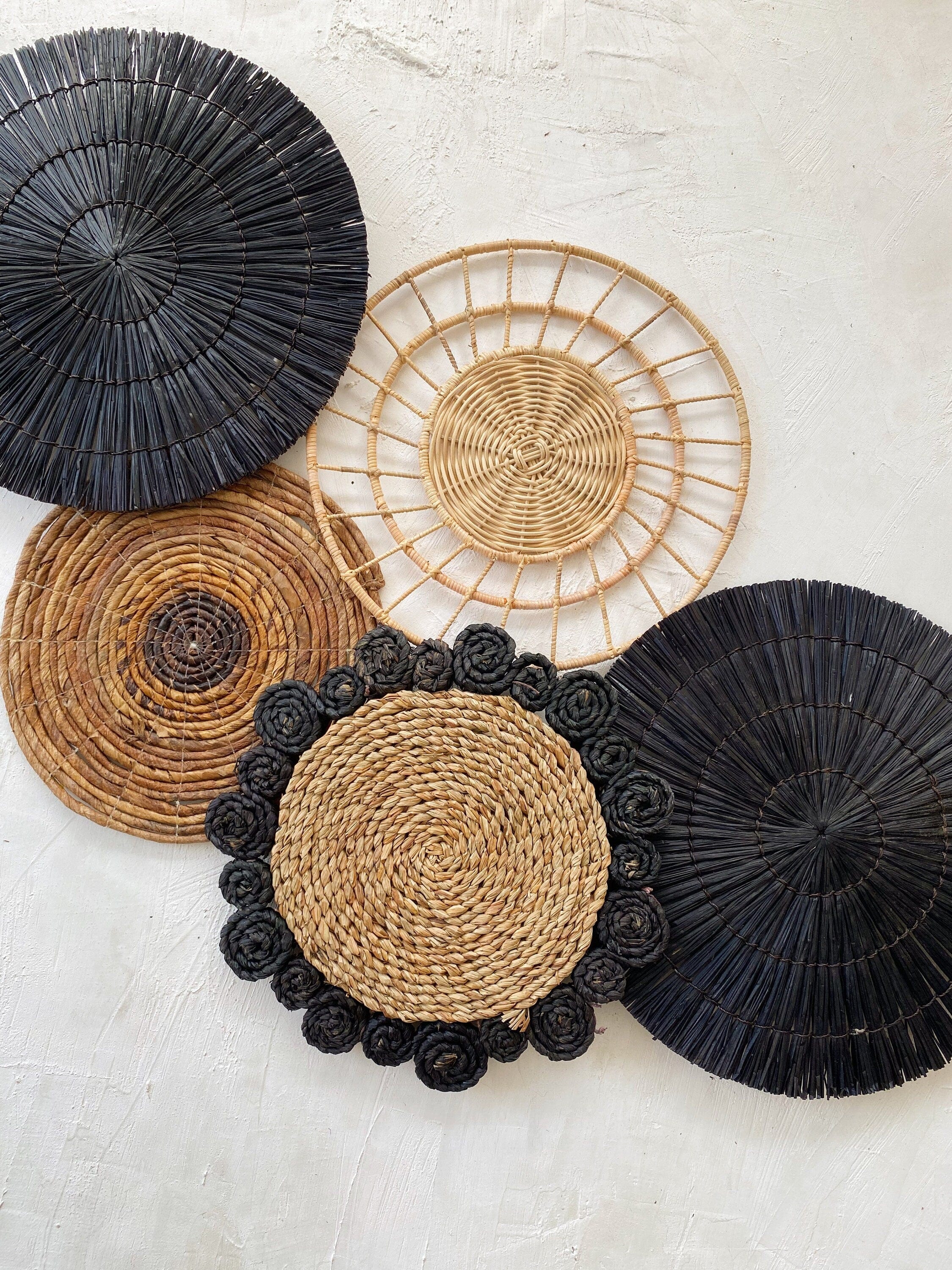 Set of 5 Boho Black Wall Baskets with Fringe – Natural Wall Decor