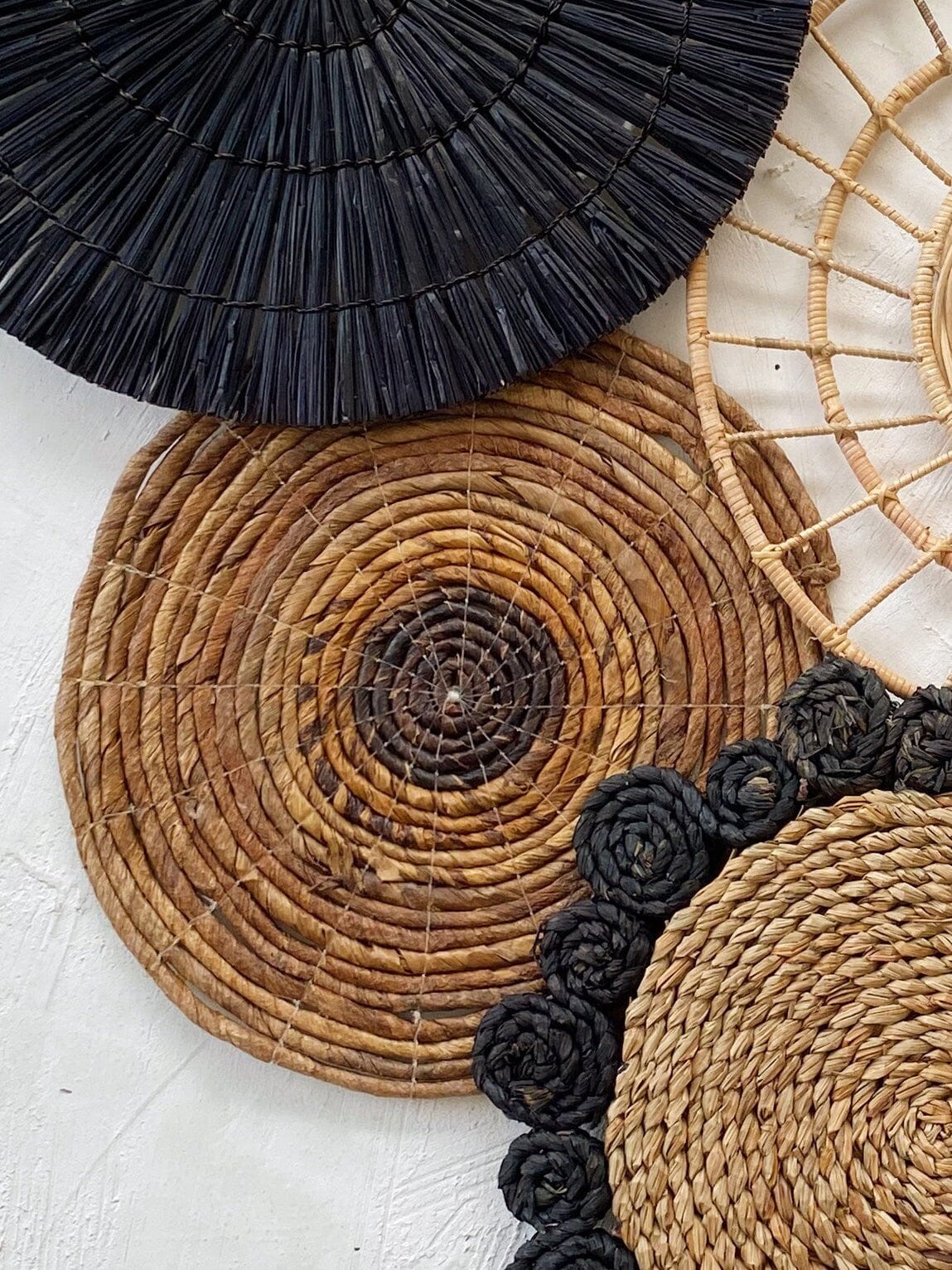 Set of 5 Boho Black Wall Baskets with Fringe – Natural Wall Decor