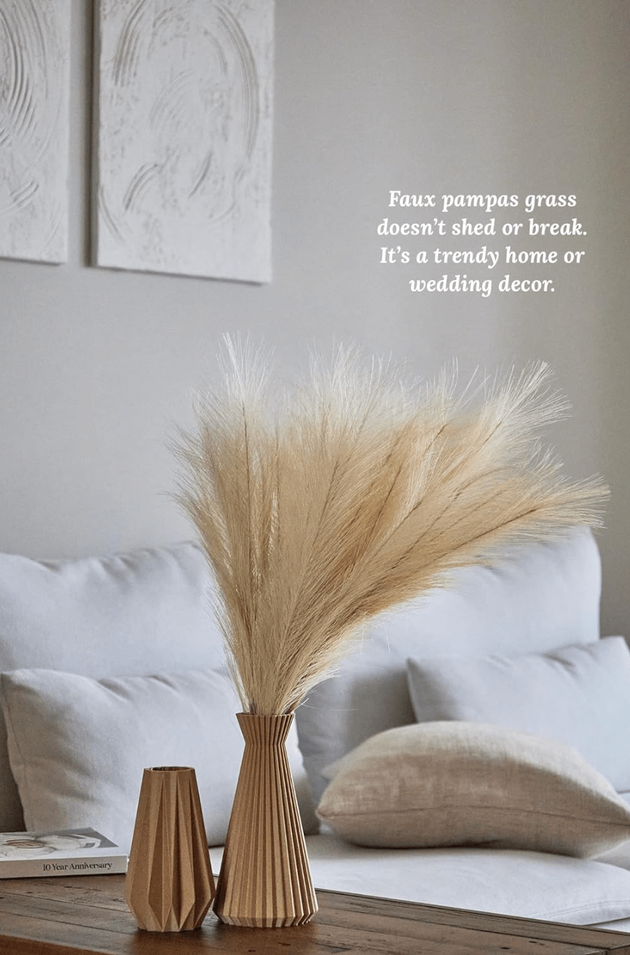 Set of 6 Faux Pampas Grass Stems - Caramel Small 20” Real Touch - Boho Home Decor Wedding Decor Floral Arrangements Centerpiece - No Shedding, Exceptional Quality