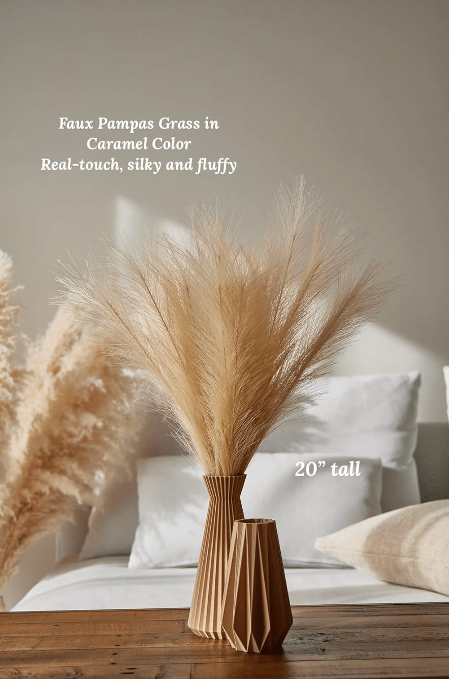 Set of 6 Faux Pampas Grass Stems - Caramel Small 20” Real Touch - Boho Home Decor Wedding Decor Floral Arrangements Centerpiece - No Shedding, Exceptional Quality