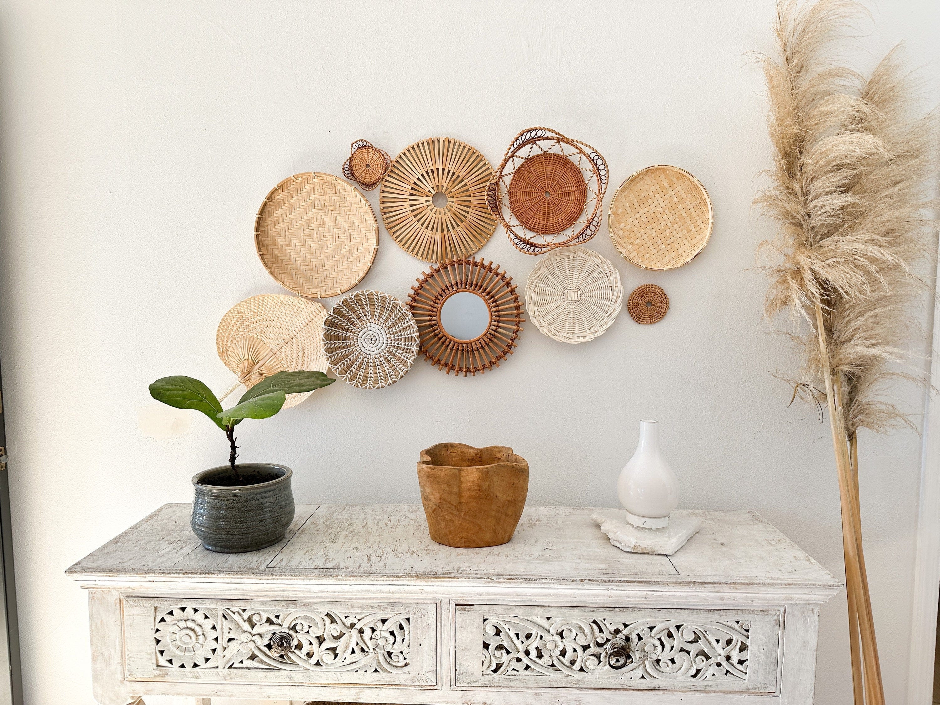 Set of 9 Boho Wall Baskets – Handmade Rattan and Seagrass Wall Decor