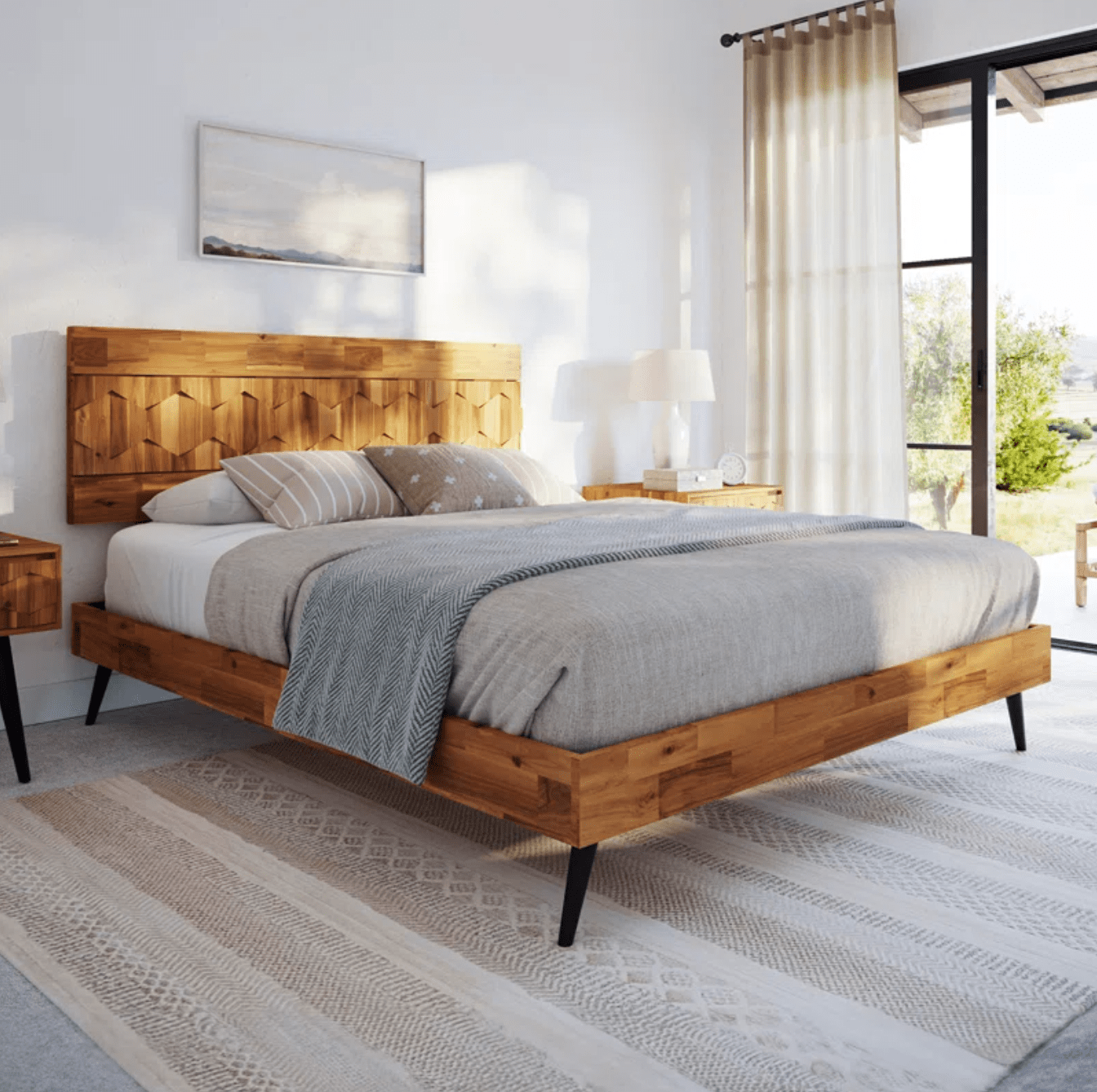 Solid Wood Platform Bed with Geometric Headboard and Matte Black Metal Legs - Rustic Bed Frame and Durable Design