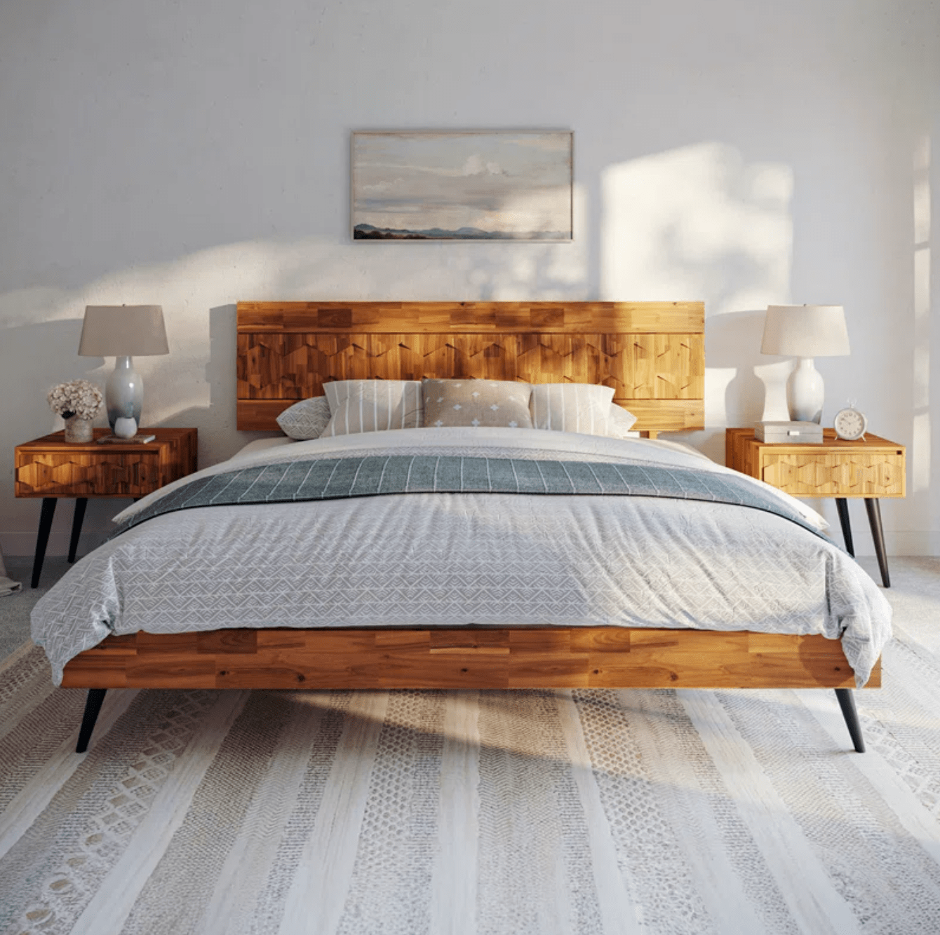 Solid Wood Platform Bed with Geometric Headboard and Matte Black Metal Legs - Rustic Bed Frame and Durable Design King