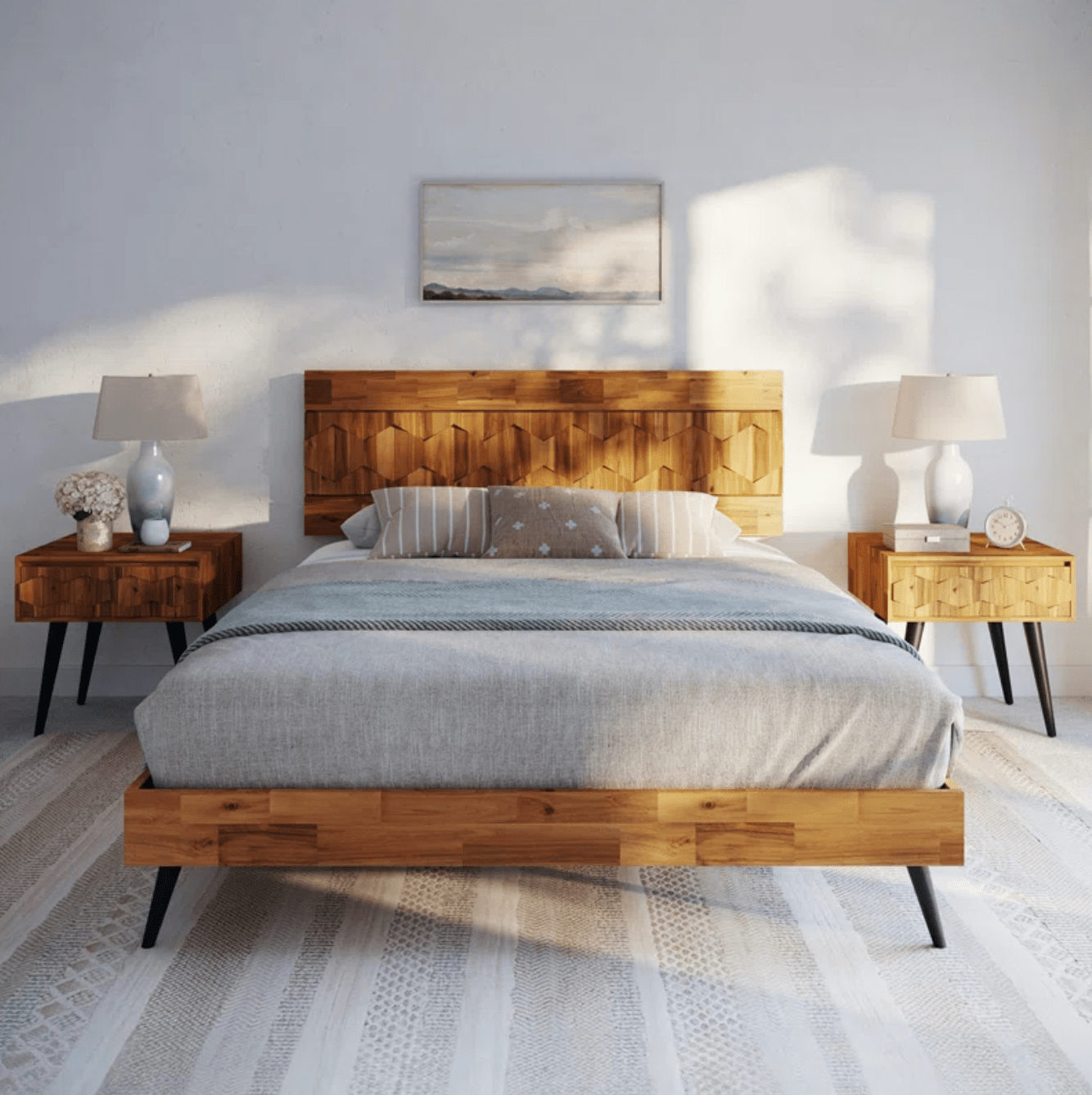 Solid Wood Platform Bed with Geometric Headboard and Matte Black Metal Legs - Rustic Bed Frame and Durable Design Queen