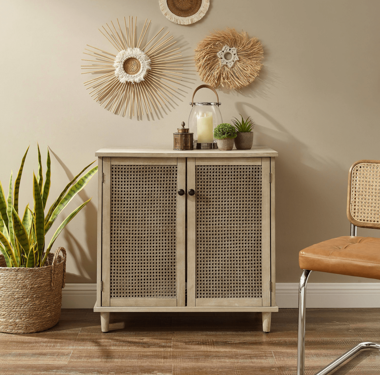 Storage Cabinet, Mid Century Modern Accent Cabinet with Rattan Woven Doors, Kitchen Buffet Sideboard with Adjustable Shelves, Antique Wood Finish