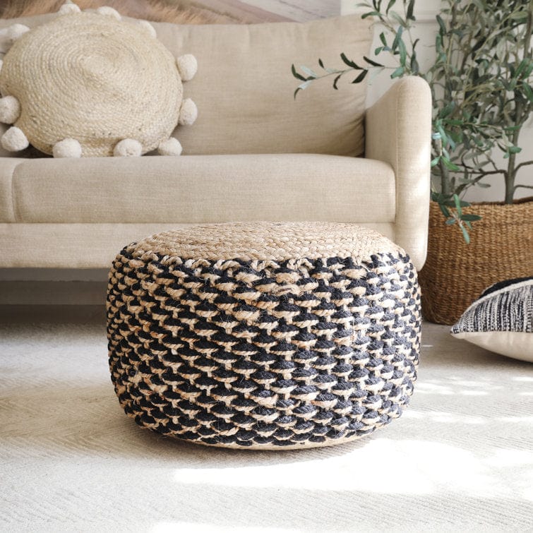 Striped Black & Tan Jute Ottoman Pouf - Versatile Accent Piece for Living Room, Bedroom, and Entryway - Handmade in India