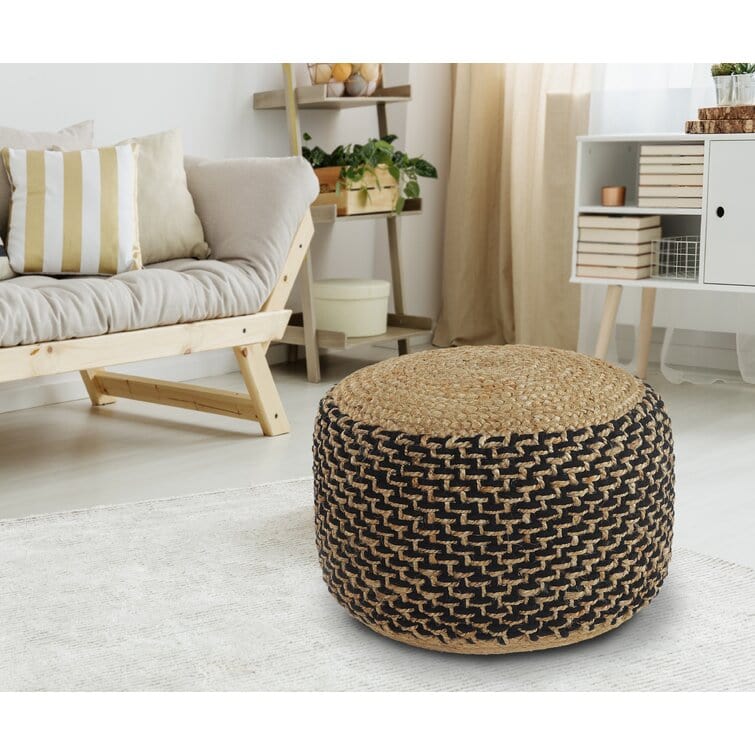 Striped Black & Tan Jute Ottoman Pouf - Versatile Accent Piece for Living Room, Bedroom, and Entryway - Handmade in India