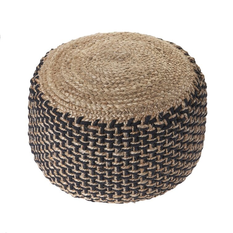 Striped Black & Tan Jute Ottoman Pouf - Versatile Accent Piece for Living Room, Bedroom, and Entryway - Handmade in India