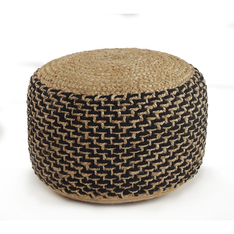 Striped Black & Tan Jute Ottoman Pouf - Versatile Accent Piece for Living Room, Bedroom, and Entryway - Handmade in India