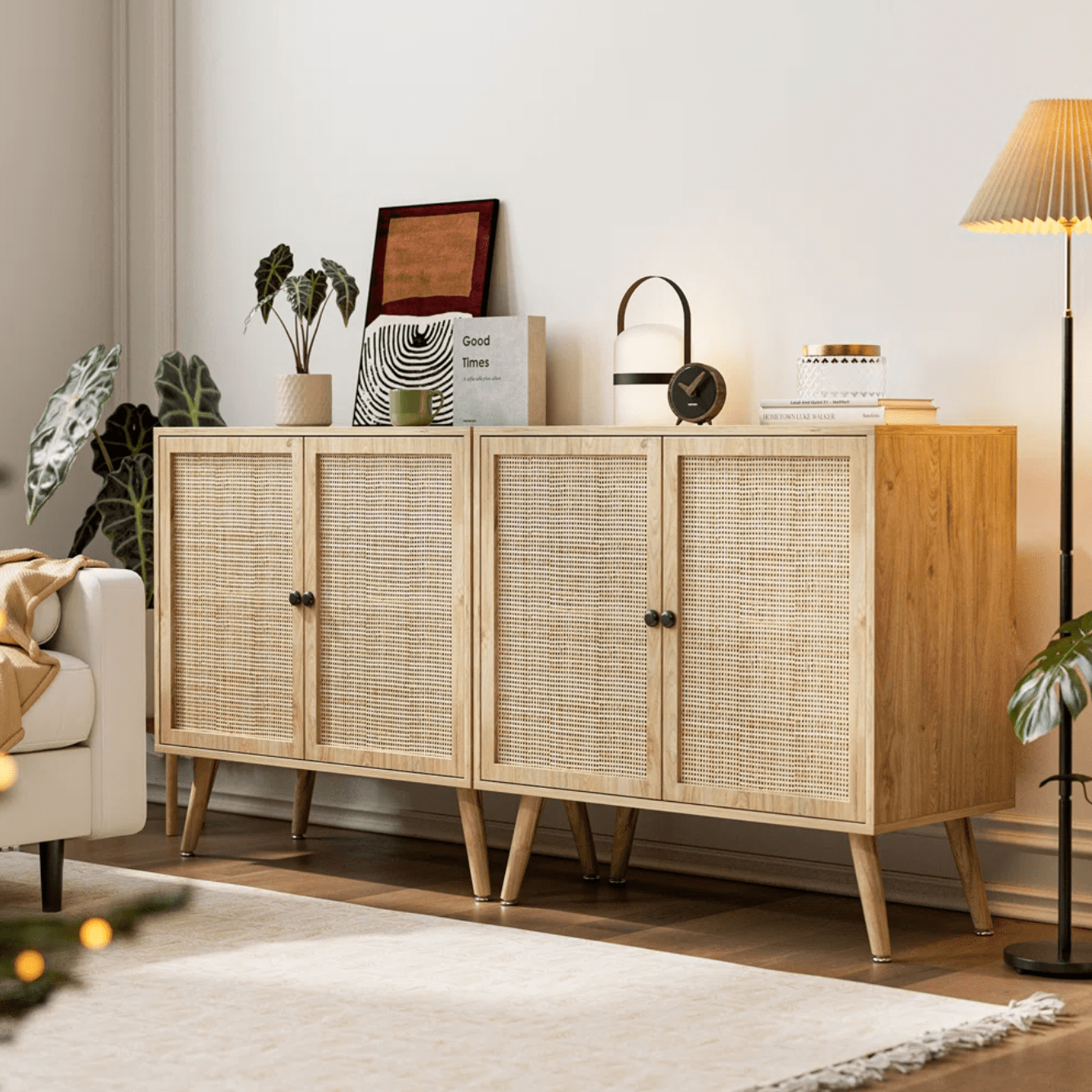 Stylish Black Rattan Sideboard Buffet Cabinet - Ample Storage for Living Room, Dining Room, and Bedroom Beige