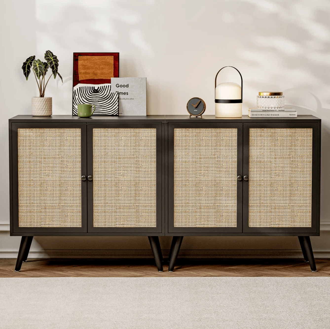 Stylish Black Rattan Sideboard Buffet Cabinet - Ample Storage for Living Room, Dining Room, and Bedroom Black