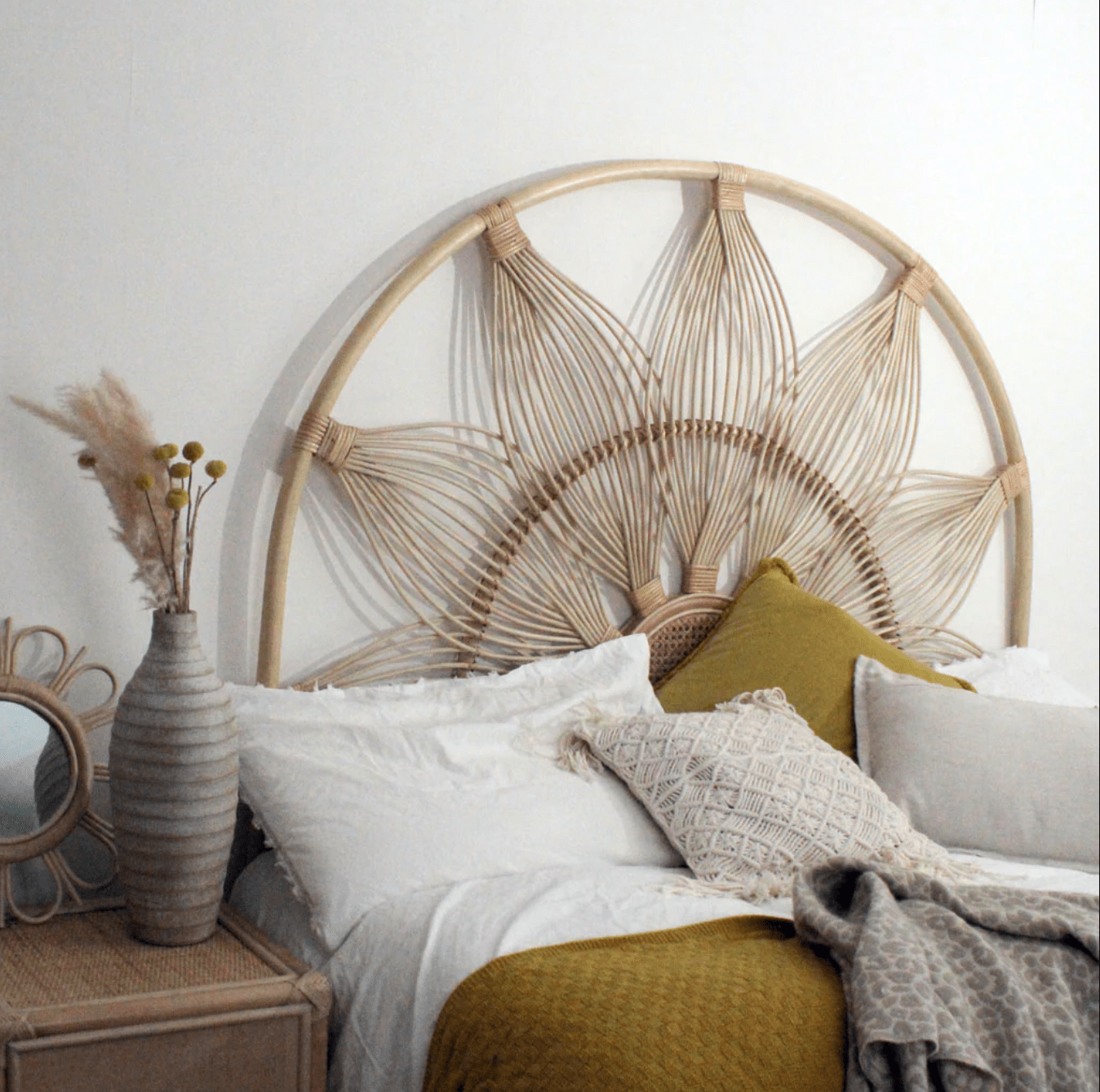 Sunflower Rattan Queen Headboard, Natural - Artisan Craftsmanship, Tropical and Bohemian Decor - Create Your Relaxing Retreat King