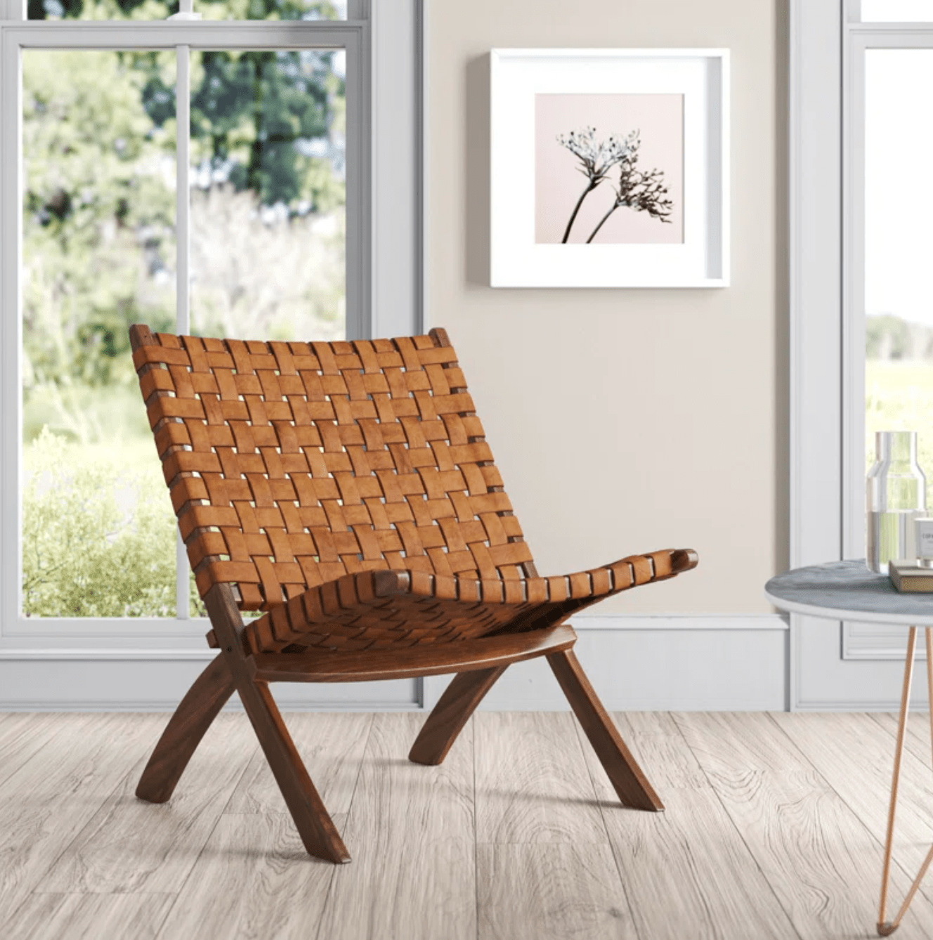 Teak Wood Indoor Lounge Chair with Woven Leather Design - Coastal and Traditional Home Decor Accent with Foldable Design