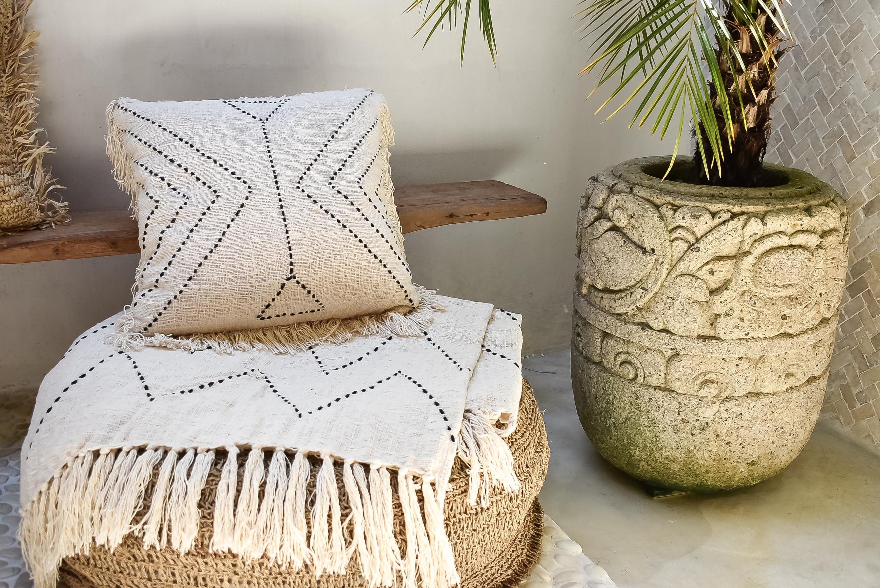 Toraja Set - Boho Cotton Pillow Cover and Throw Blanket with Hand Stitched Pattern, 100% Organic Cotton, Boho Bed Runner, Table Cover, Cushion Cover