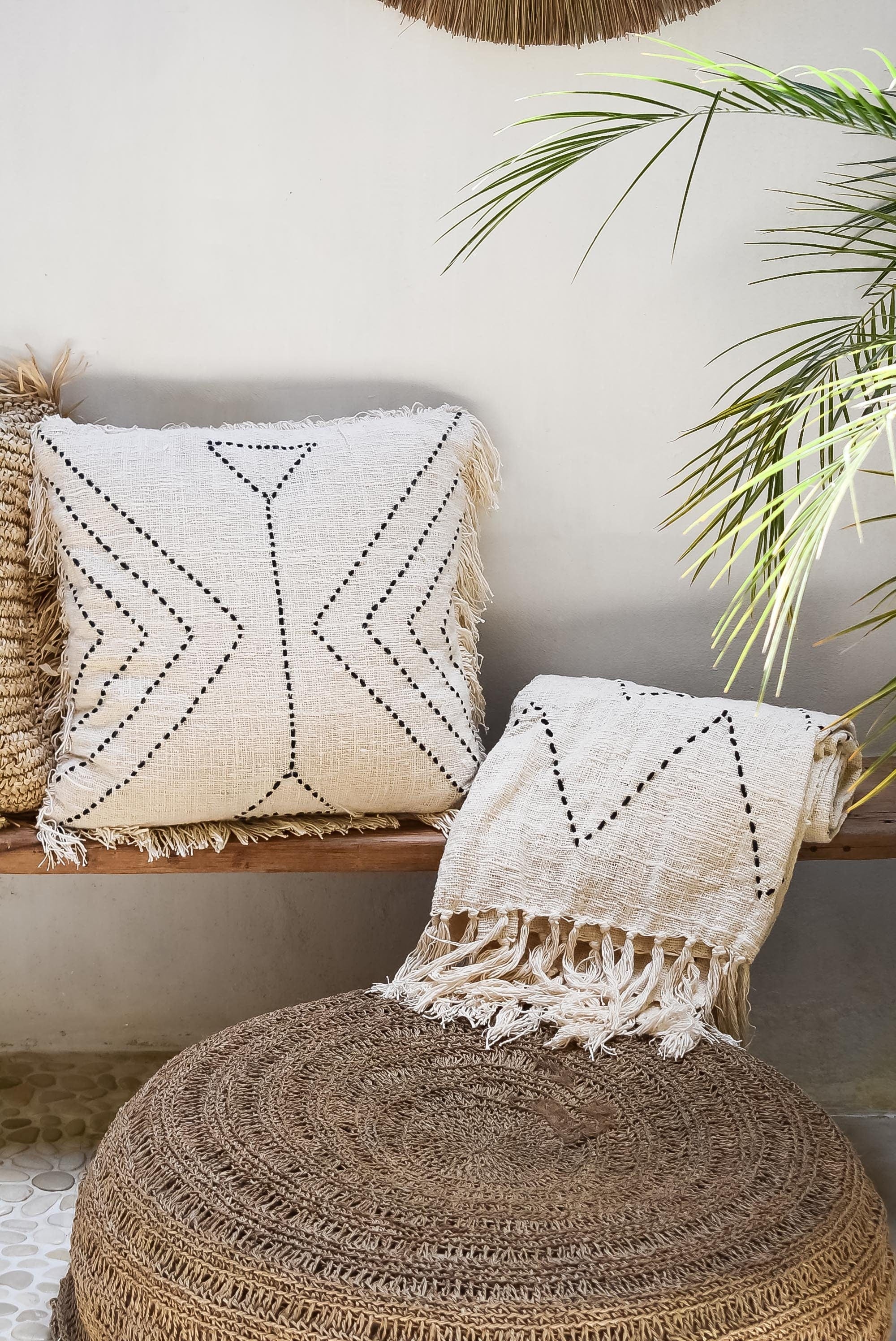 Toraja Set - Boho Cotton Pillow Cover and Throw Blanket with Hand Stitched Pattern, 100% Organic Cotton, Boho Bed Runner, Table Cover, Cushion Cover