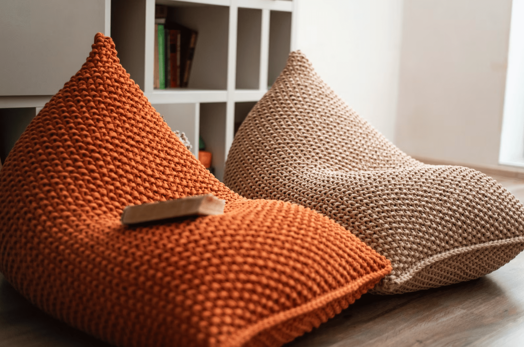 Unique Knitted Adult Bean Bag Chair - Copper Pouf Lounger for Living Room Decor Russet Orange