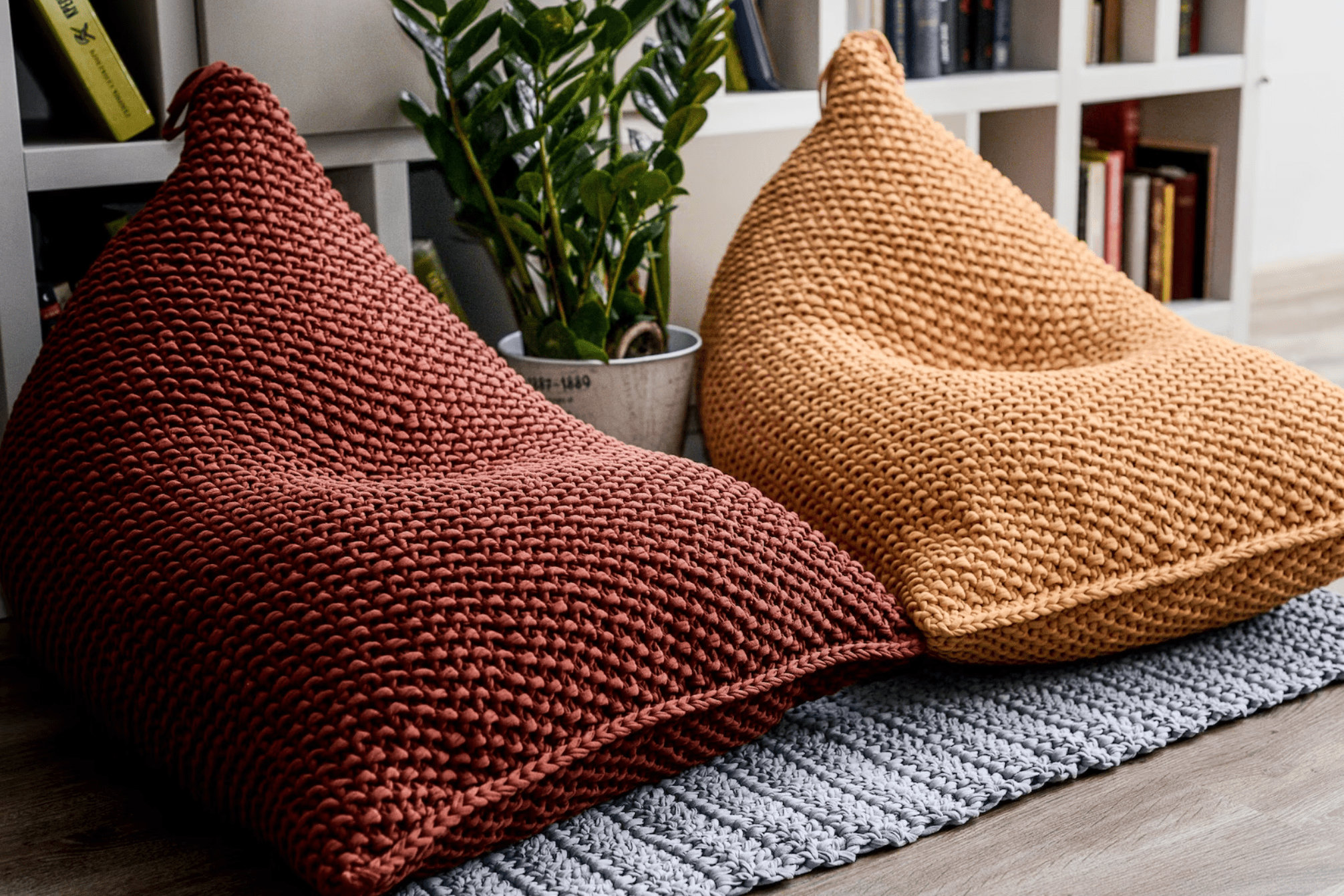 Unique Knitted Adult Bean Bag Chair - Copper Pouf Lounger for Living Room Decor Terracotta