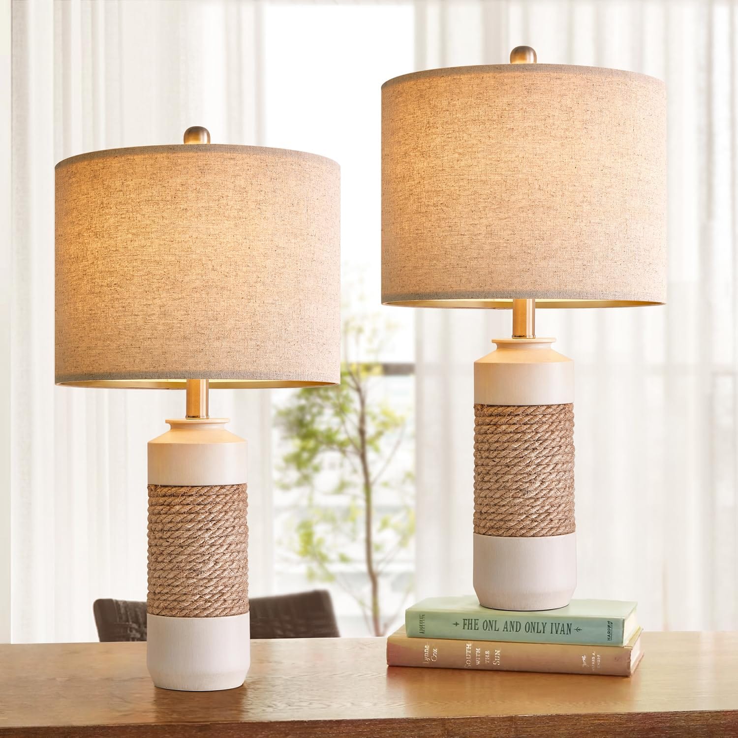 Vintage Farmhouse Bedside Table Lamps Set of 2 | 23.75" Rattan Antique White Resin Lamps | Boho Retro Decor