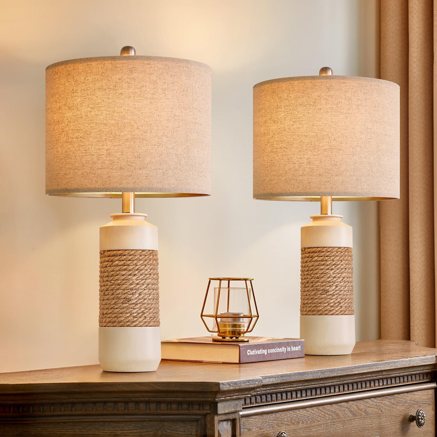 Vintage Farmhouse Bedside Table Lamps Set of 2 | 23.75" Rattan Antique White Resin Lamps | Boho Retro Decor