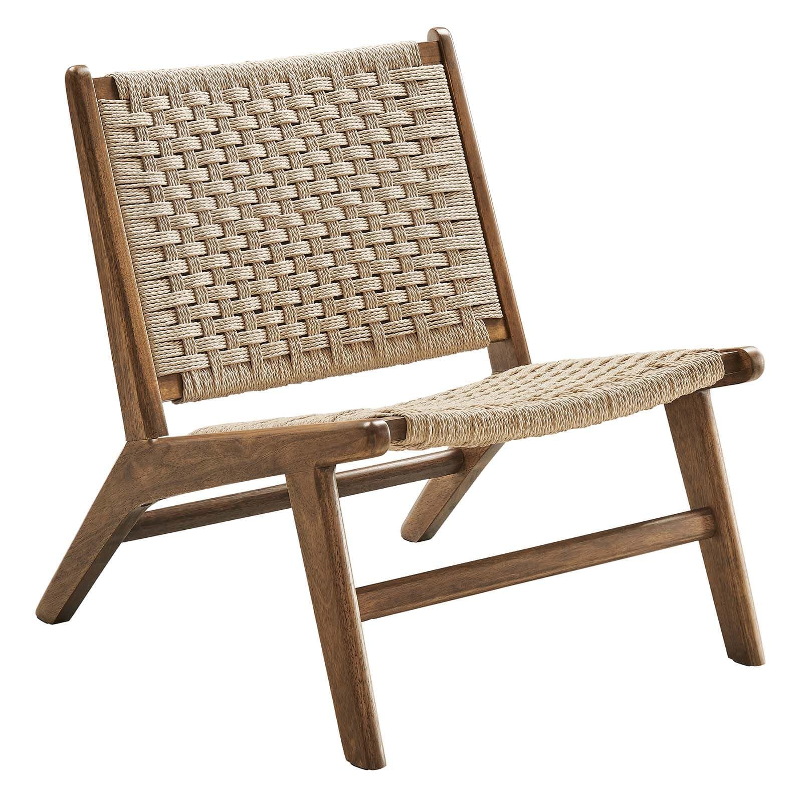 Walnut Natural Wood Accent Lounge Chair with Woven Rope Seating