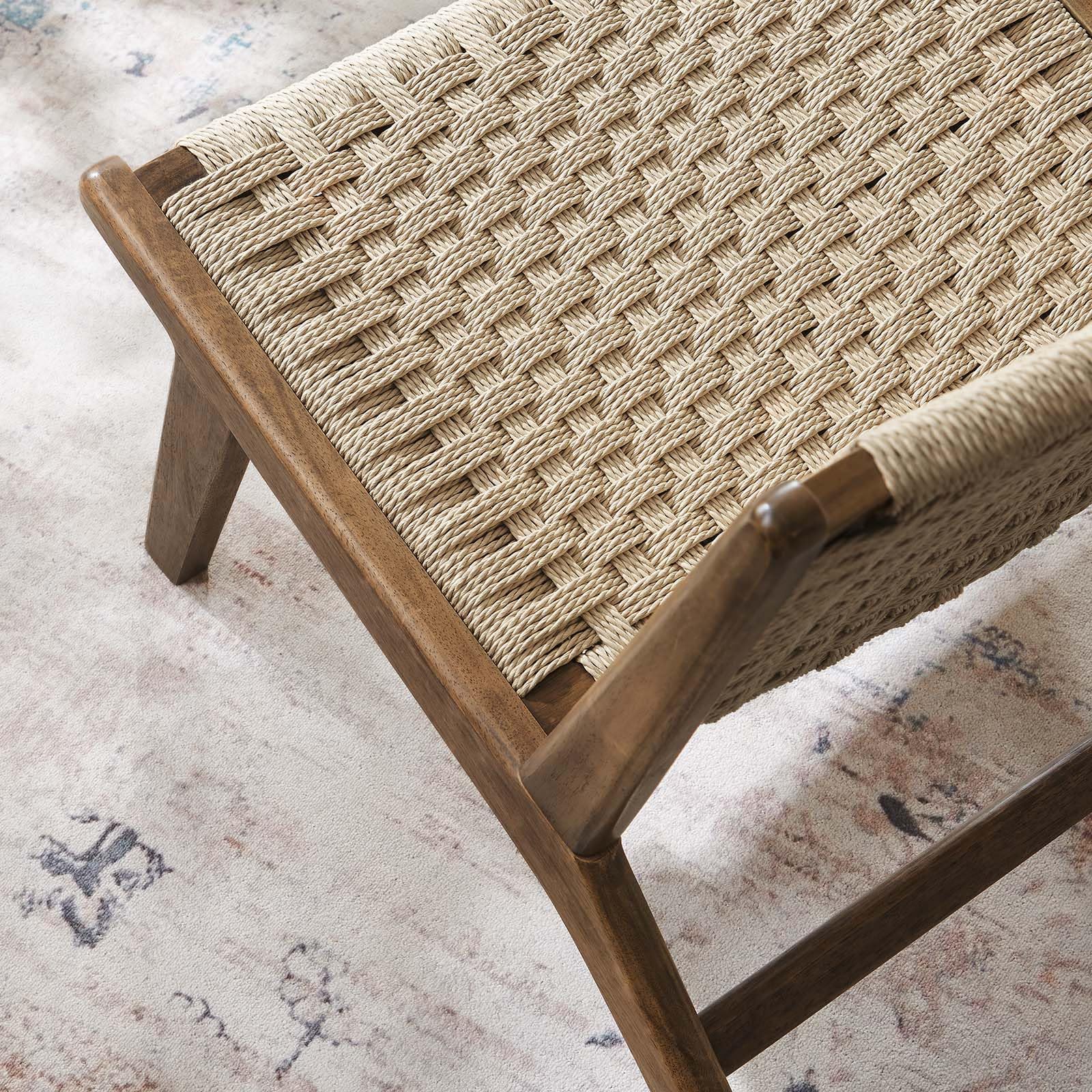 Walnut Natural Wood Accent Lounge Chair with Woven Rope Seating