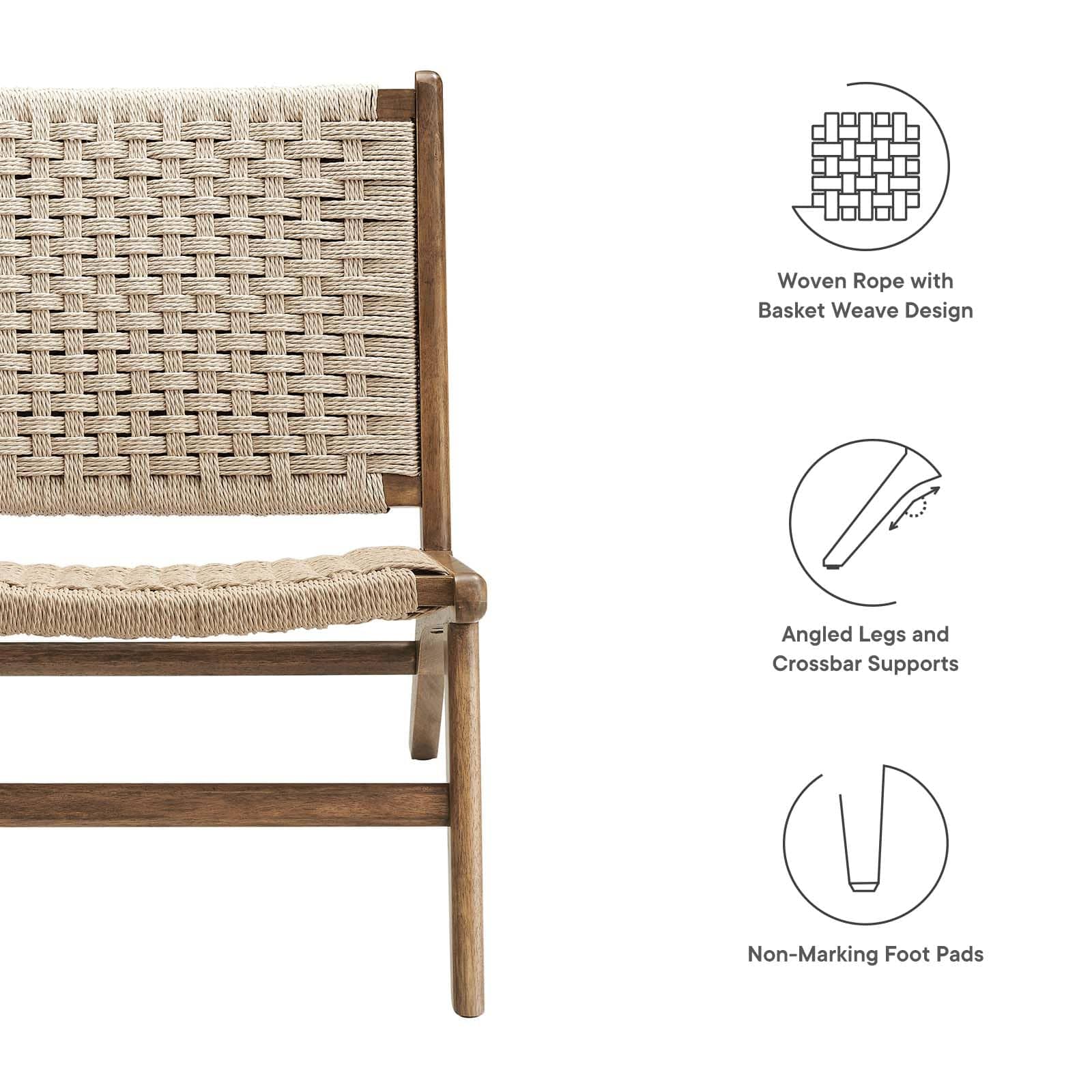 Walnut Natural Wood Accent Lounge Chair with Woven Rope Seating