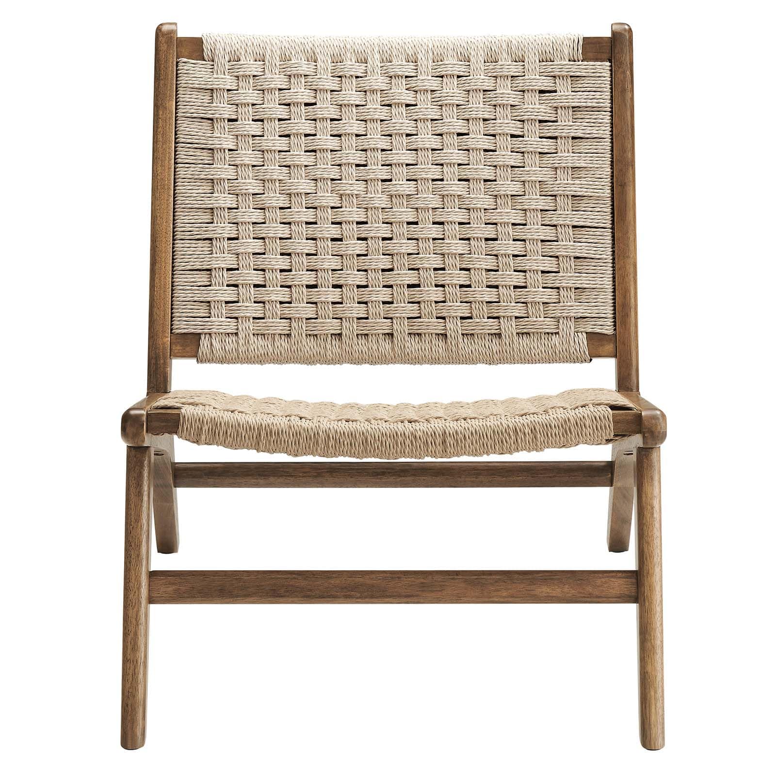 Walnut Natural Wood Accent Lounge Chair with Woven Rope Seating