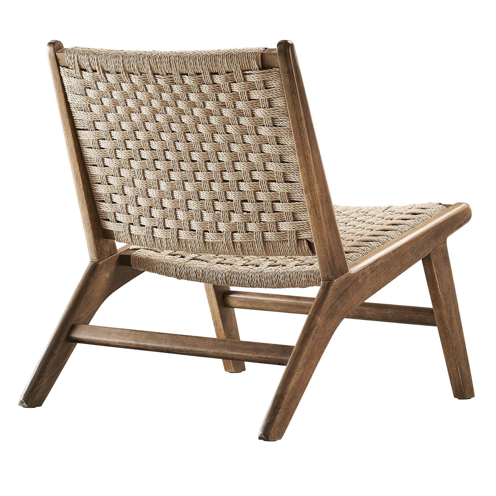 Walnut Natural Wood Accent Lounge Chair with Woven Rope Seating