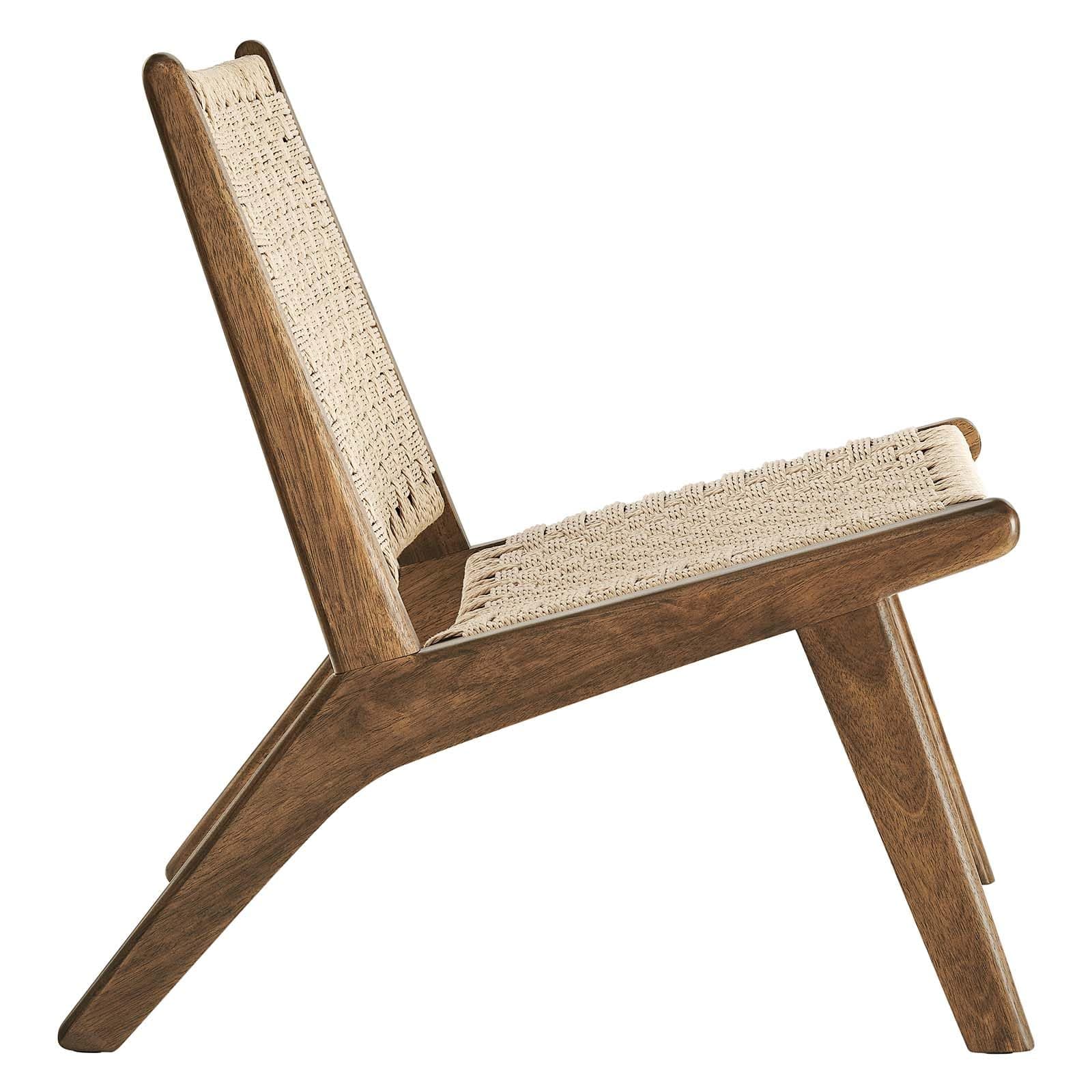 Walnut Natural Wood Accent Lounge Chair with Woven Rope Seating