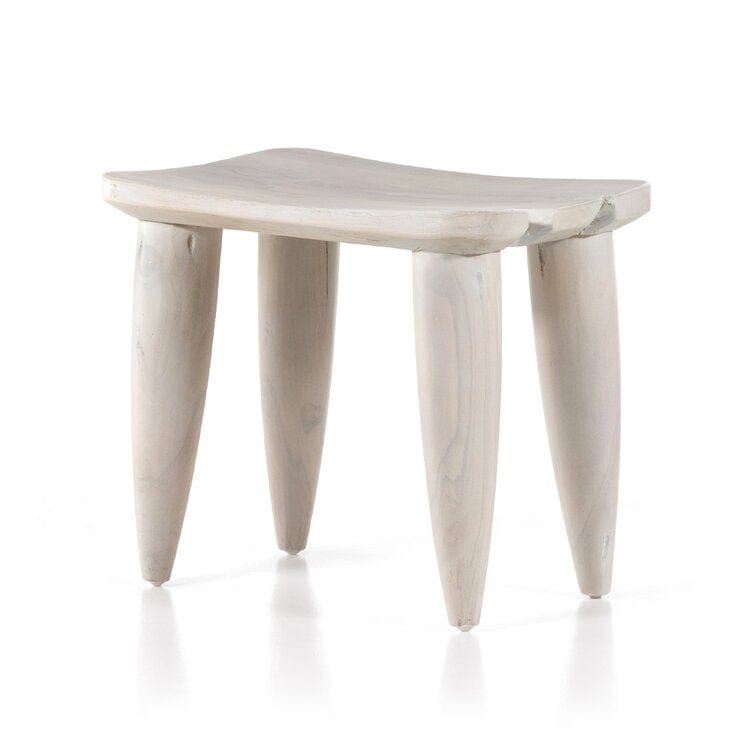 West African Inspired Solid Wood Accent Stool – Ivory Weathered Teak, Organic Knots and Grains, Indoor/Outdoor Use