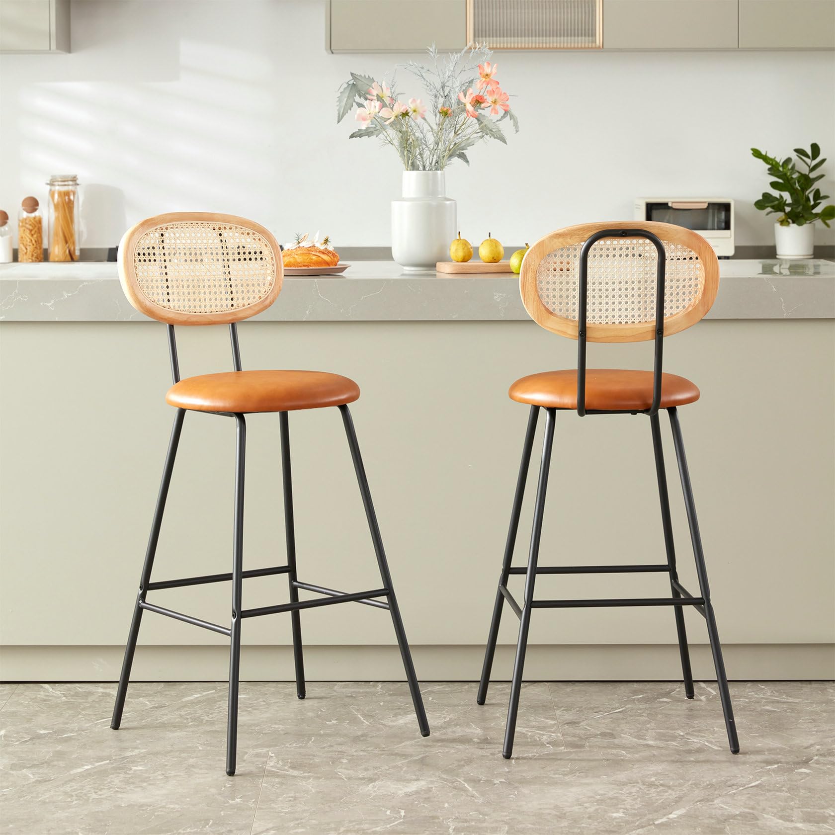 Whiskey Brown Rattan Back Counter Stools | Faux Leather Bar Stools with Metal Legs | Armless Modern Indoor Counter Height Barstools