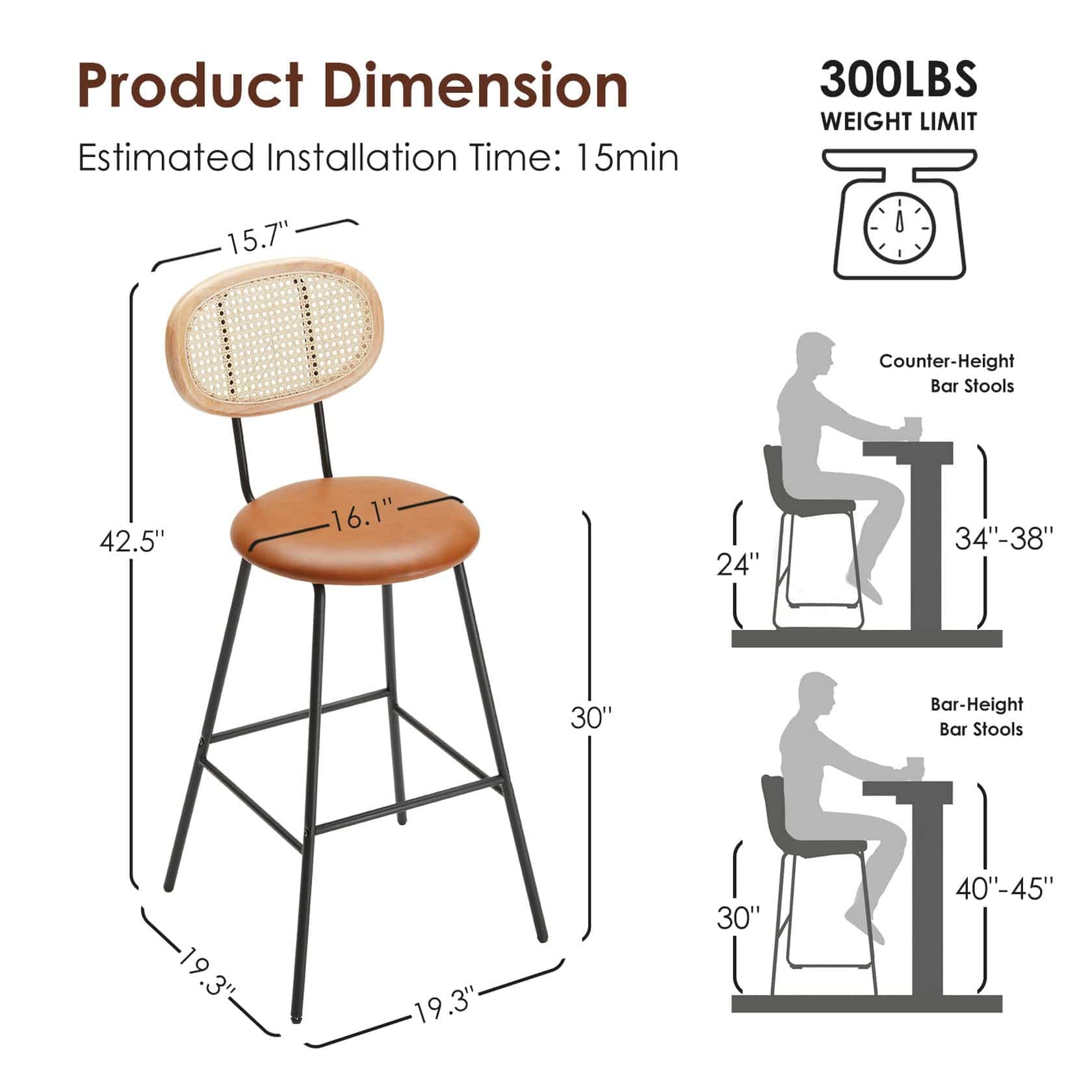 Whiskey Brown Rattan Back Counter Stools | Faux Leather Bar Stools with Metal Legs | Armless Modern Indoor Counter Height Barstools