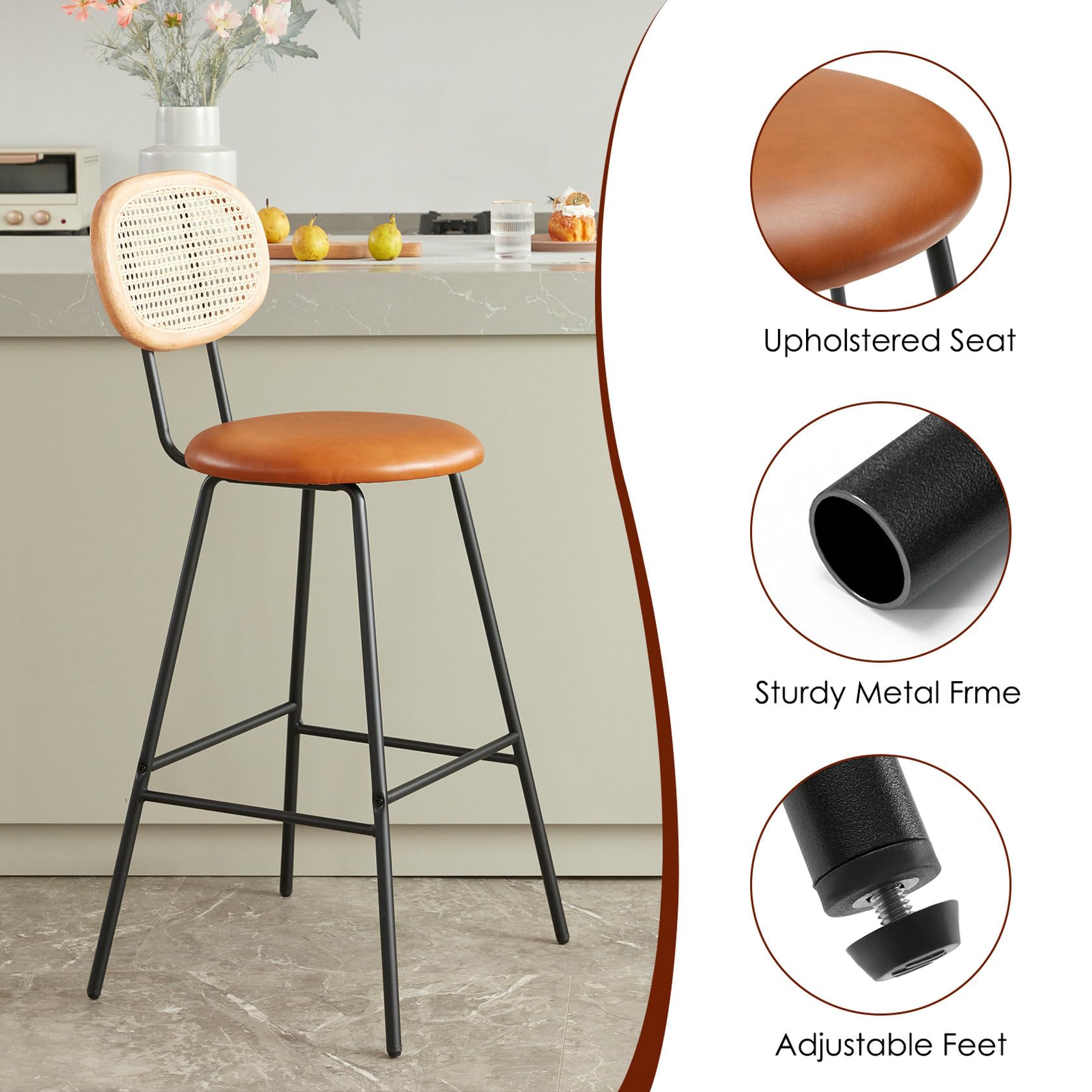 Whiskey Brown Rattan Back Counter Stools | Faux Leather Bar Stools with Metal Legs | Armless Modern Indoor Counter Height Barstools