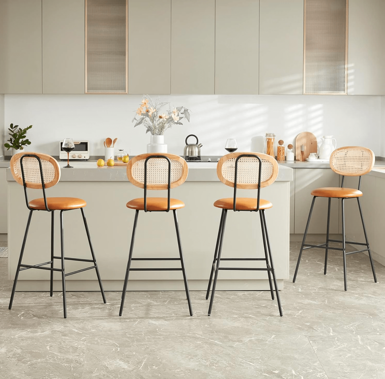 Whiskey Brown Rattan Back Counter Stools | Faux Leather Bar Stools with Metal Legs | Armless Modern Indoor Counter Height Barstools