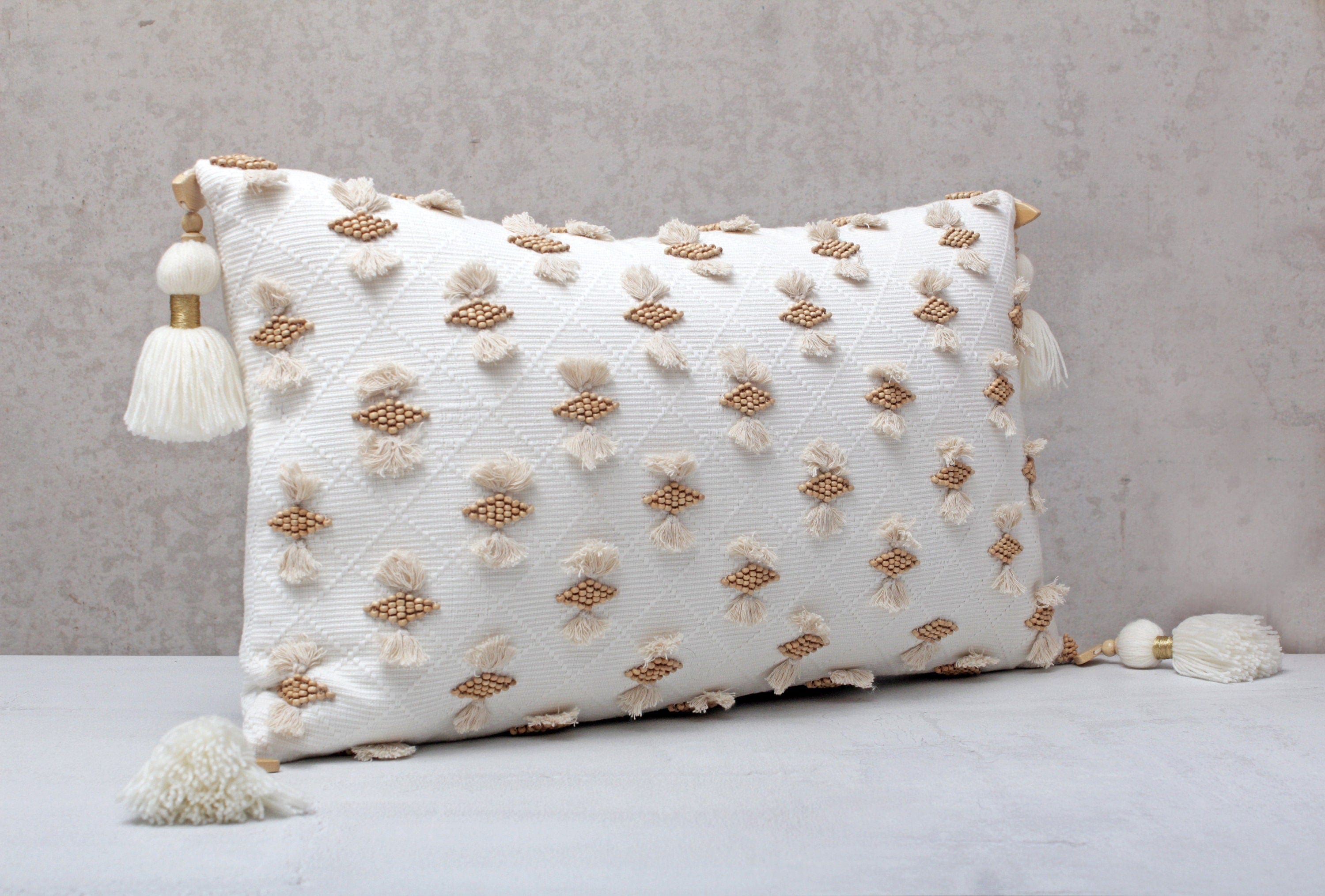 White Cotton Embroidered Bohemian Pillow Cover, 12x24 Inch, Decorative Handmade Throw Pillow Cover with Tassels and Wooden Beads