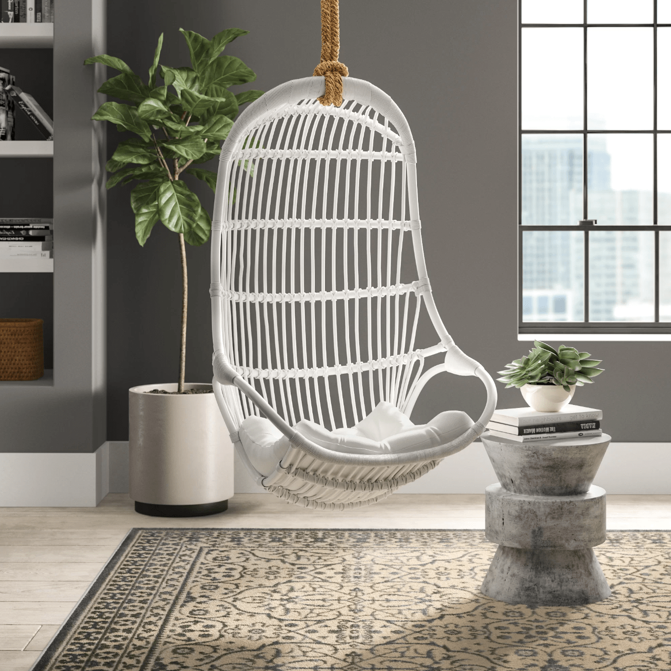 White Hanging Rattan Swing Chair - Handwoven Coastal Home Decor for Relaxing in Style