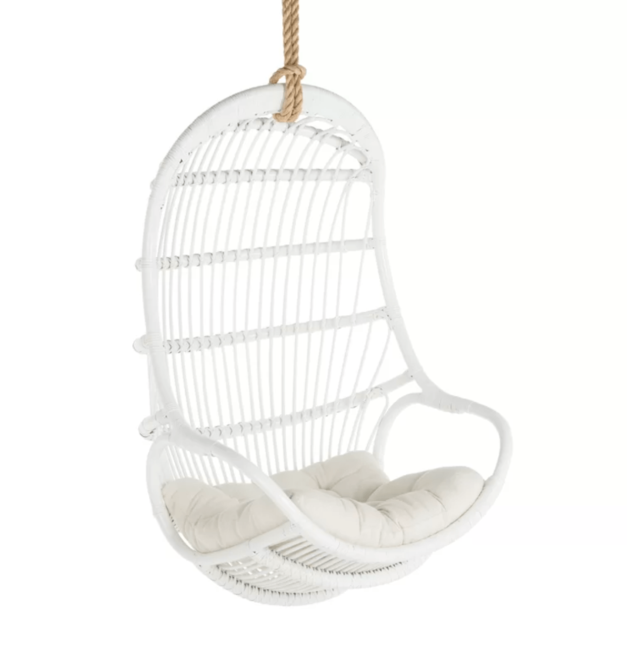 White Hanging Rattan Swing Chair - Handwoven Coastal Home Decor for Relaxing in Style