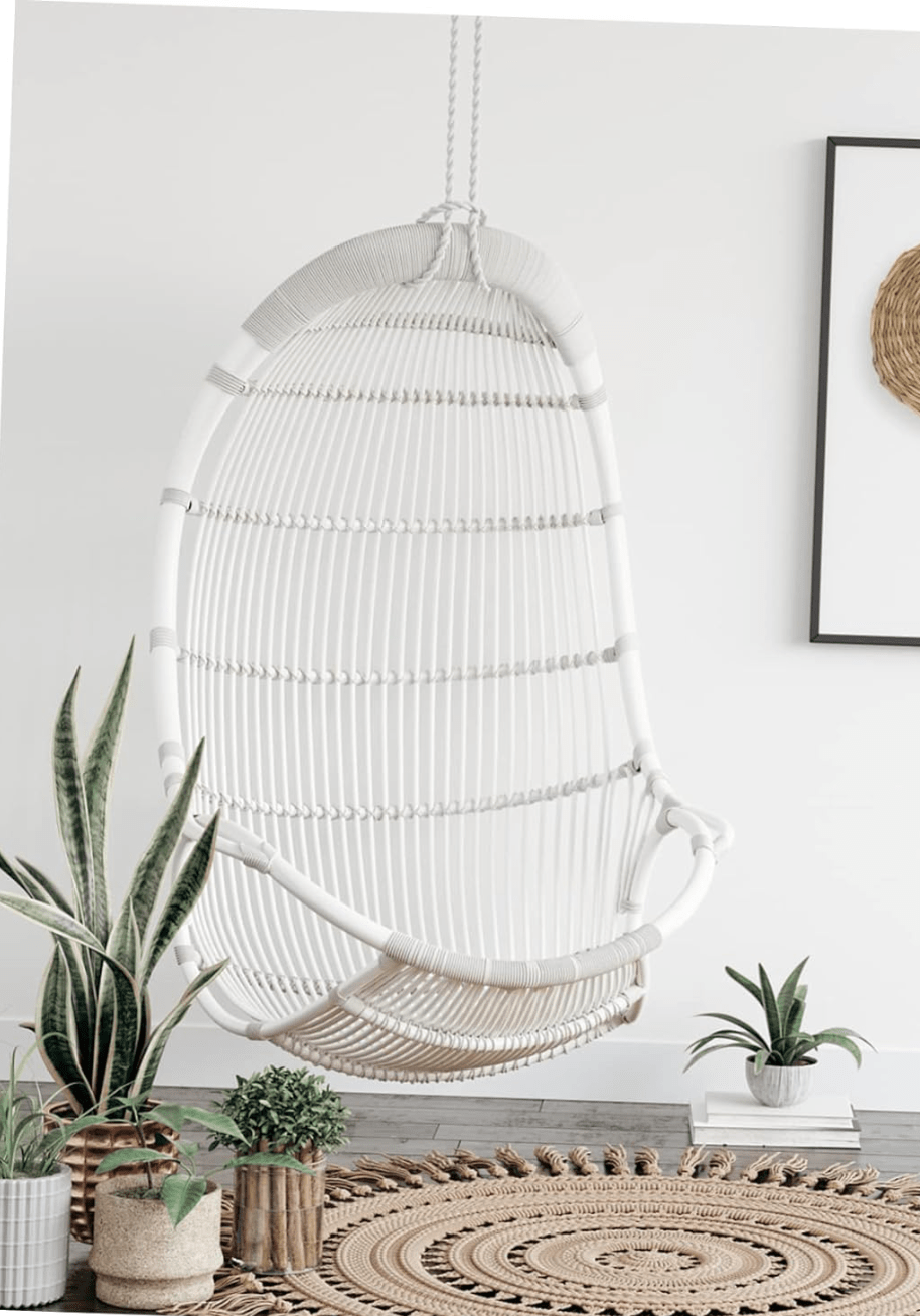 White Hanging Rattan Swing Chair - Handwoven Coastal Home Decor for Relaxing in Style