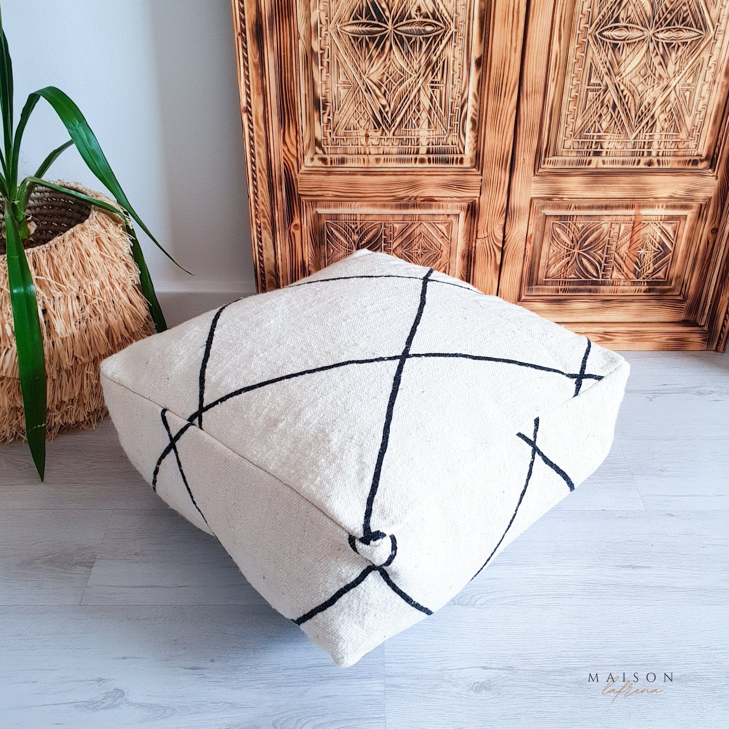 White Moroccan Kilim Pouf – Boho Chic Floor Cushion for Extra Seating Unstuffed