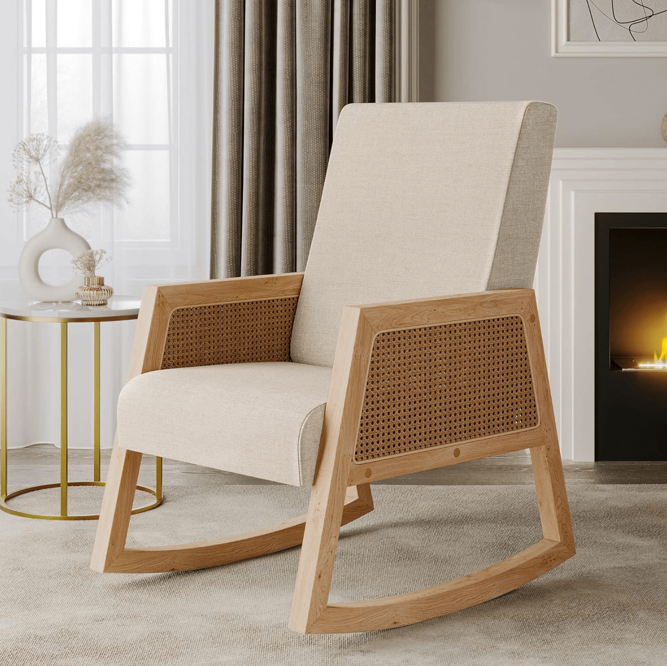 Wide Seat Rocking Chair with Cushion and Rattan Armrests - Cream Upholstered Rocking Armchair for Nursery and Living Room