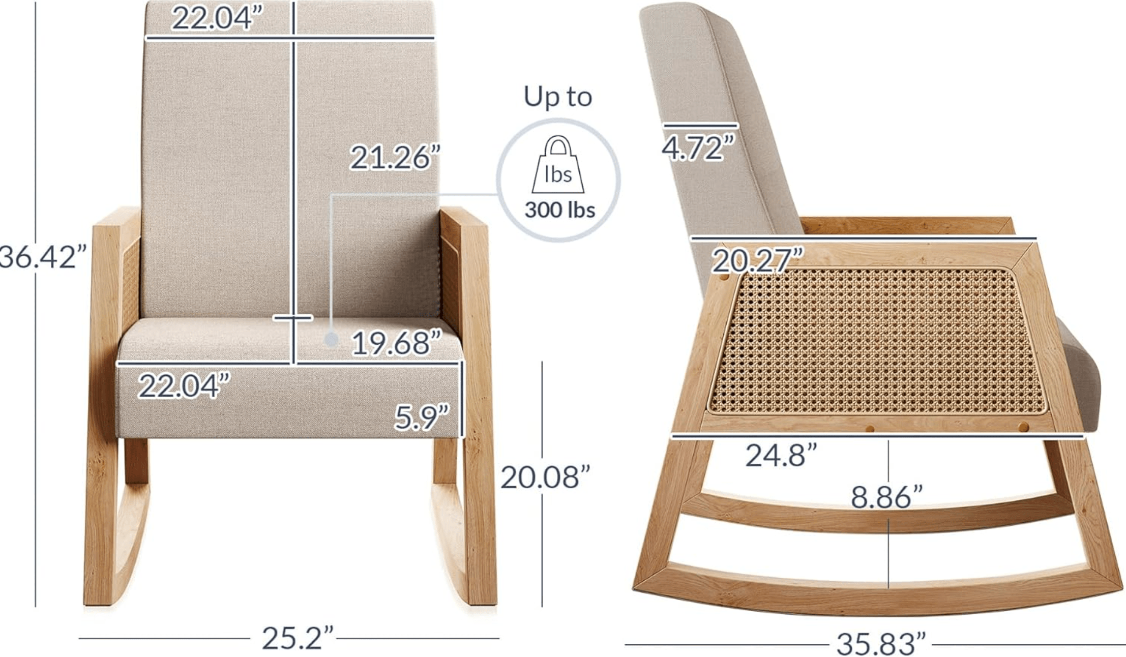 Wide Seat Rocking Chair with Cushion and Rattan Armrests - Cream Upholstered Rocking Armchair for Nursery and Living Room