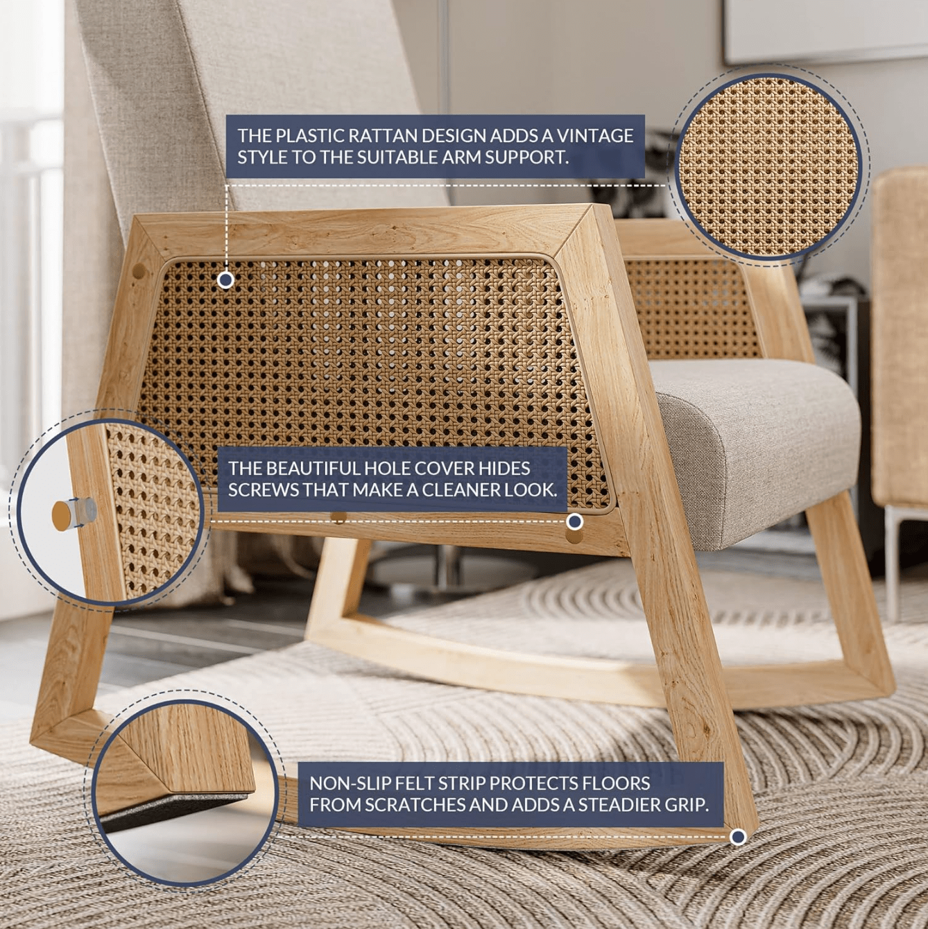 Wide Seat Rocking Chair with Cushion and Rattan Armrests - Cream Upholstered Rocking Armchair for Nursery and Living Room